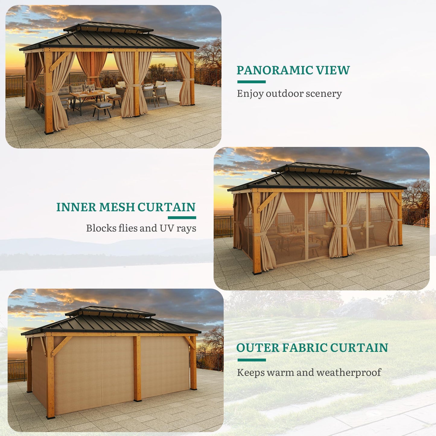 YITAHOME 12x20 Wood Gazebo Hardtop with Steel Roof, Heavy Duty Double Roof Galvanized Steel Gazebo with Nettings and Curtains, Outdoor Wood Frame Gazebo for Patio, Backyard, Deck, Lawns