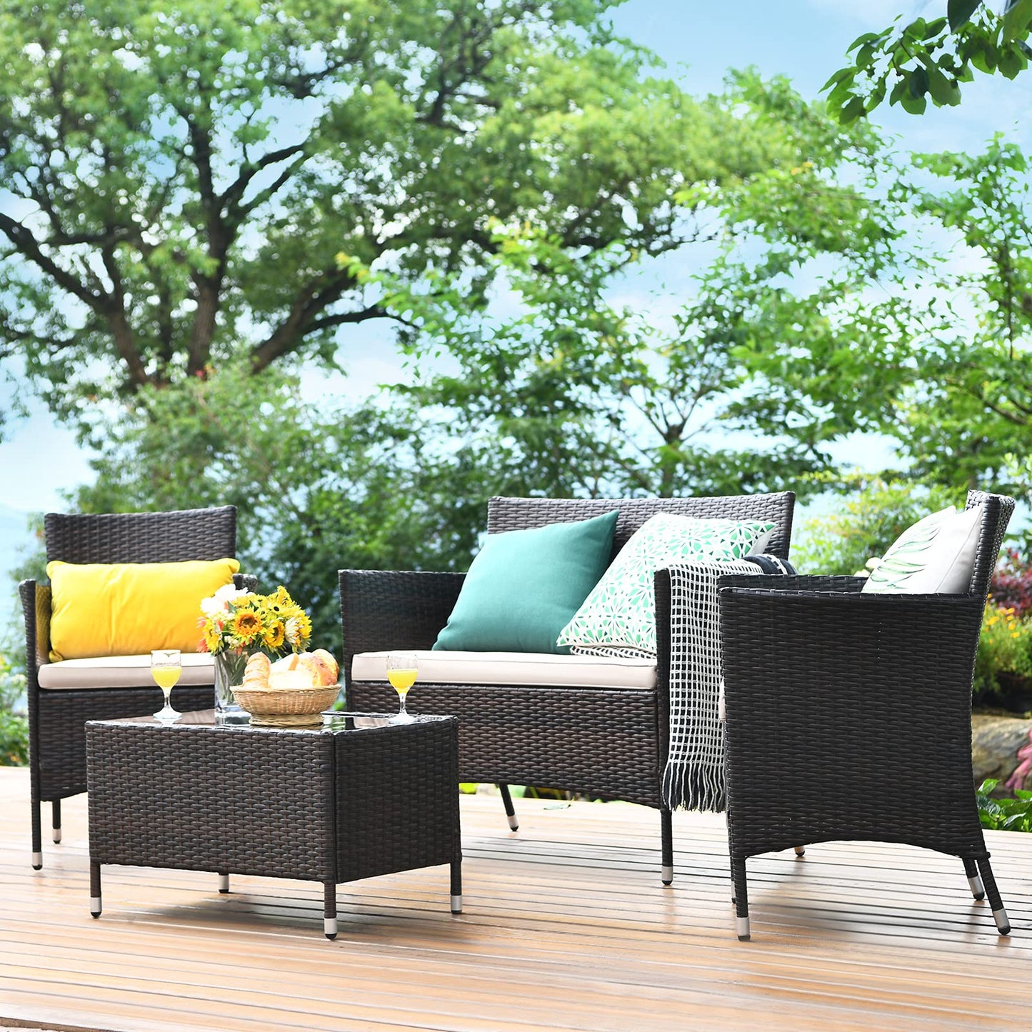 COSTWAY 8PCS Rattan Patio Furniture Set, Outdoor Wicker Rattan Chairs with Coffee Table, Rattan Cushioned Conversation Set for Backyard Balcony Porch Poolside, Brown