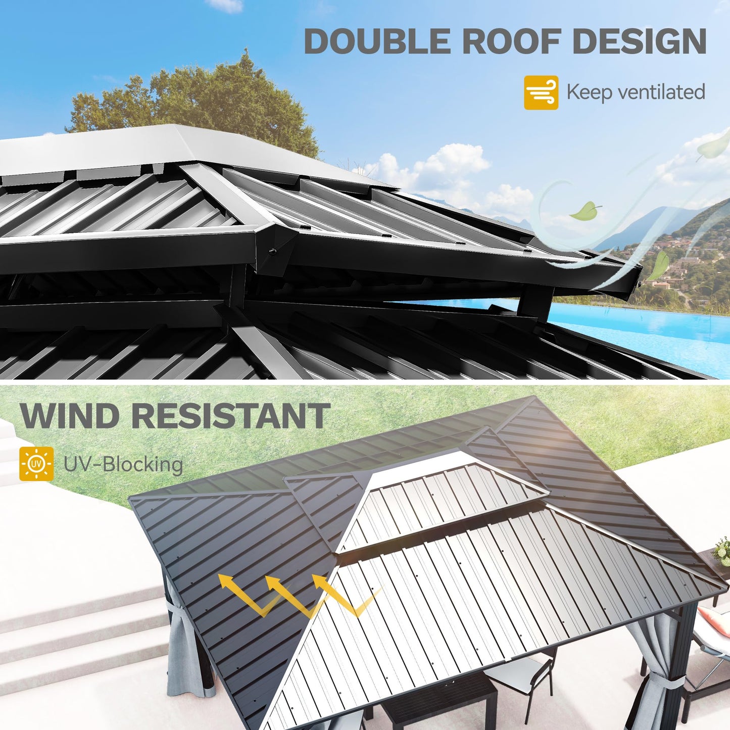 DWVO 10x12ft Hardtop Gazebo Double Roof with Nettings and Curtains, Heavy Duty Galvanized Steel Outdoor Vertical Stripes Roof for Patio, Backyard, Deck, Lawns, Grey