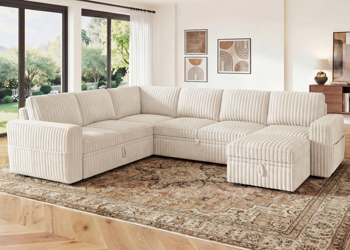 HONBAY Modular Sectional Sleeper Sofa with Pull Out Bed,Corduroy U Shaped Couch with Storage, Sectional Couches for Living Room,Beige