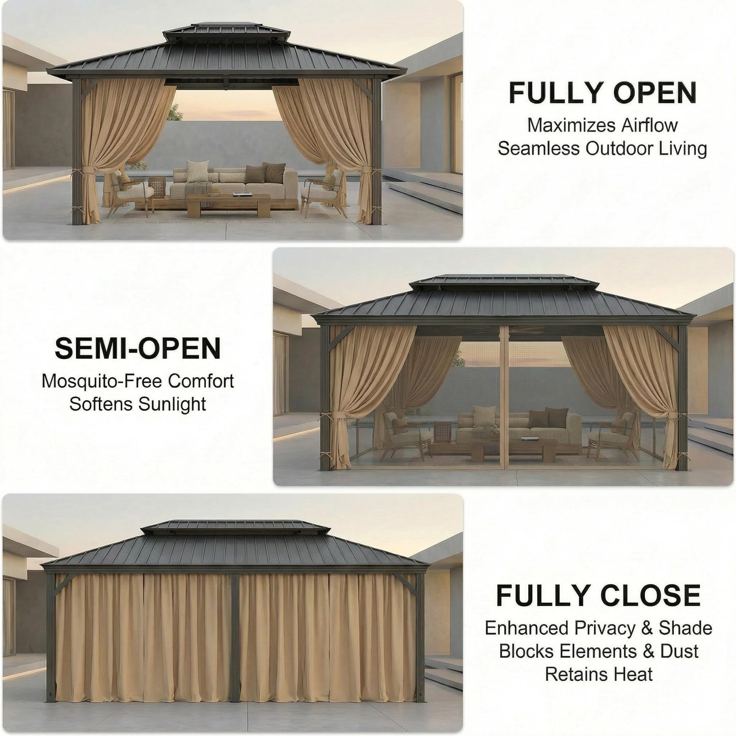 HOTEEL 10x12 Hardtop Gazebo on Clearance with Galvanized Steel Double Roof, Heavy Duty Gazebo with Flame-Retardant Curtain & Netting,Aluminum Frame Outdoor Canopy for Patio, Party, Brown