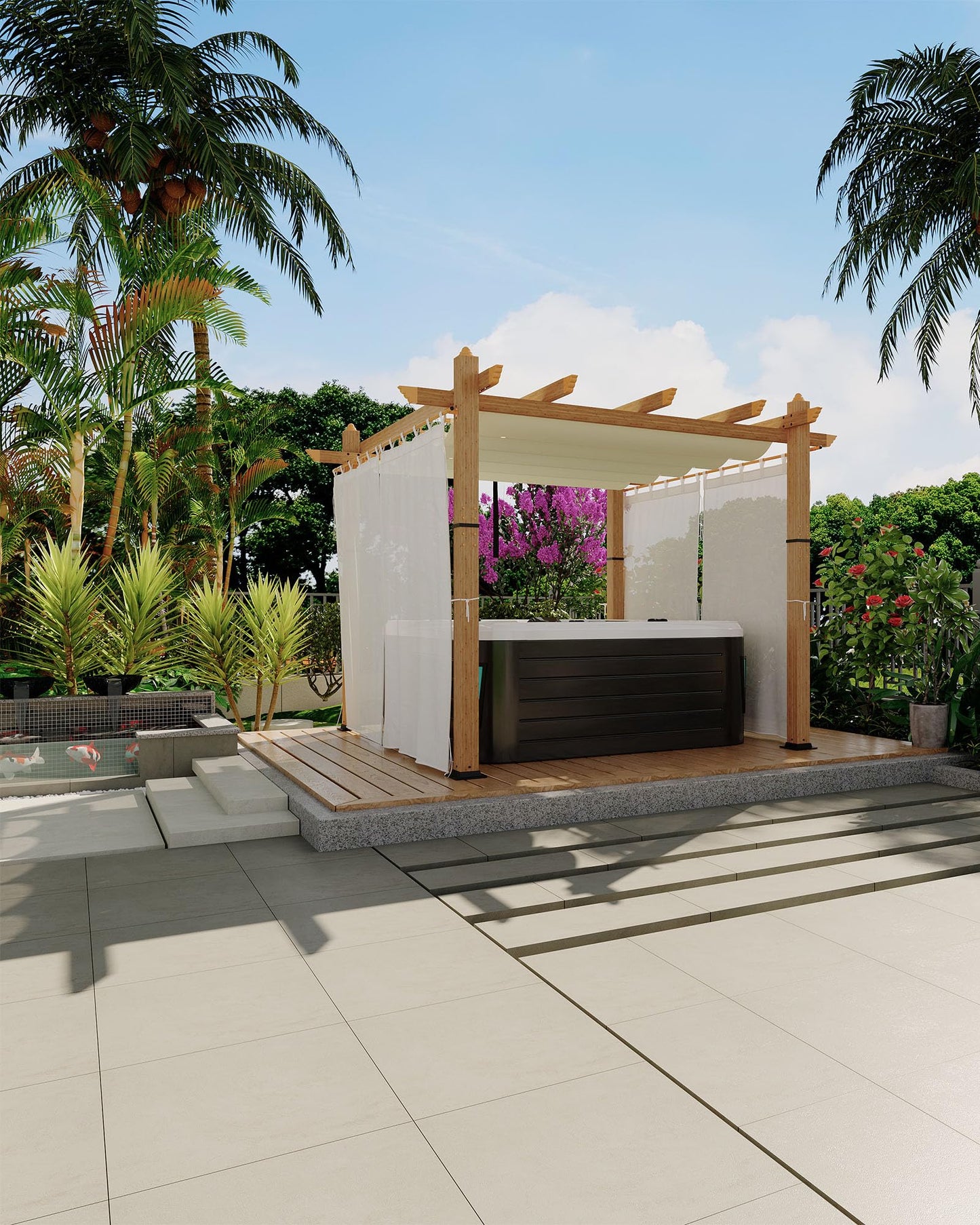 KYBOLT 10x10 Ft Outdoor Pergola with Retractable Canopy Metal Gazebo Imitation Wood-Grain Column with Side Mesh Screen Modern Pavilion for Backyard(Beige+White)