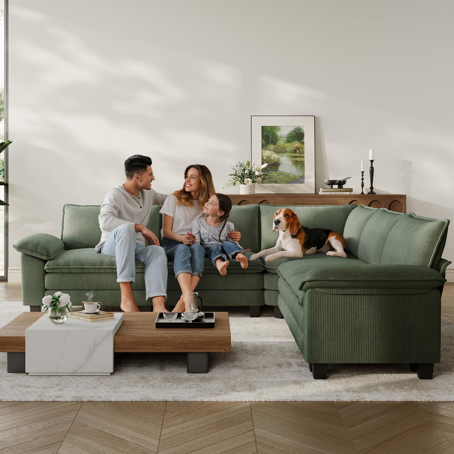 LINSY HOME Modular Sectional Sofa Couch Corduroy Cloud Couches for Living Room, V-Shaped Cloud Couch Sectional Sofas for Bedroom and Apartment, Green
