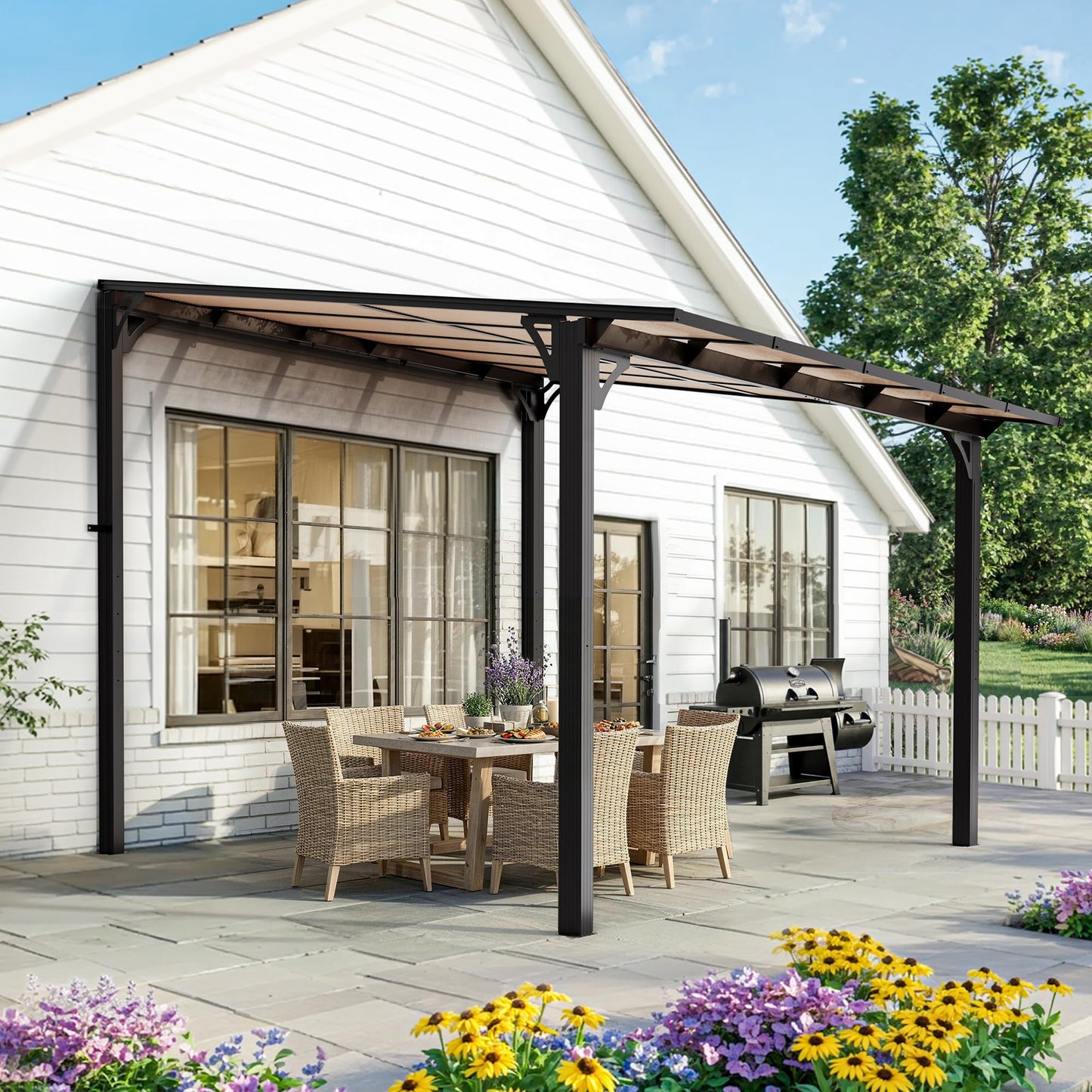 Pamapic 10x10FT Wall Mounted Gazebo, Hardtop Lean to Gazebo with Aluminum Frame & UV Resistant Polycarbonate Roof, Outdoor Patio Awning for Deck, Porch, Lawn & Backyard