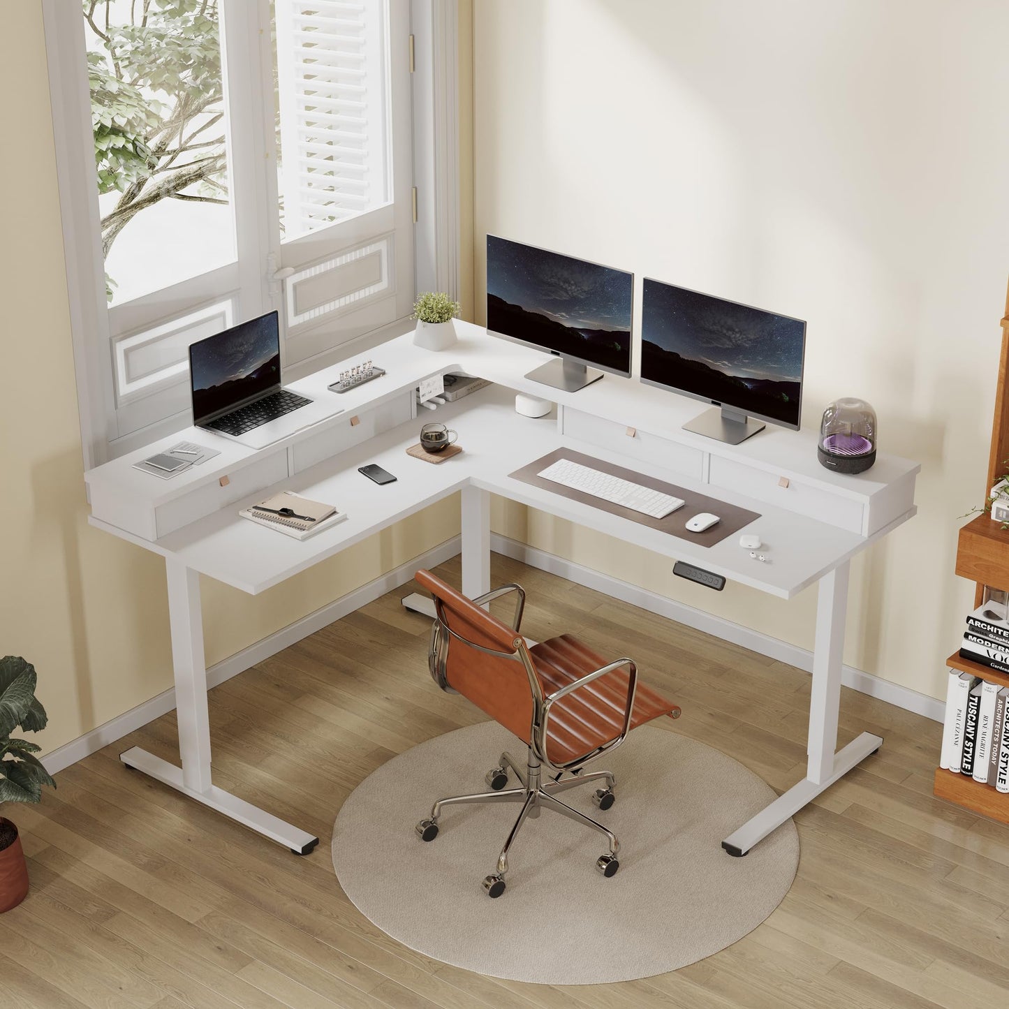 FLEXISPOT 63" L Shaped Standing Desk with Shelf Electric Corner Table, Drawers, Adjustable Computer Workstation for Home, Office,63x55in, White Top + White Frame