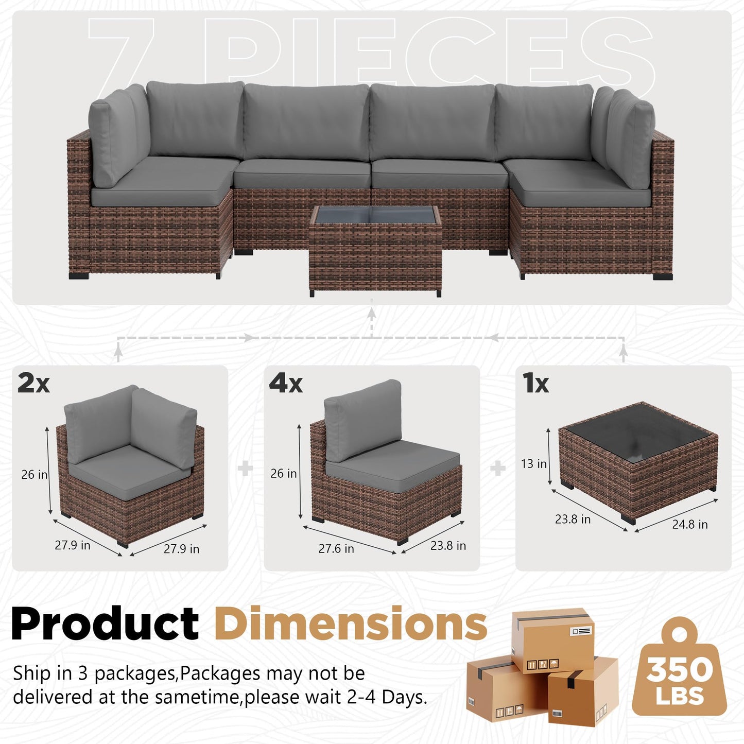 LHBcraft 7 Pieces Outdoor Wicker Rattan Patio Furniture with Rain Cover, Wicker Rattan Outdoor Sectional Sofa Set with Coffee Table & Gery Cushions for Garden, Poolside