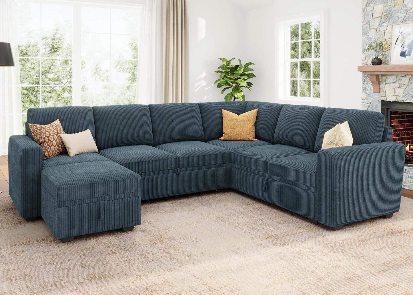 HONBAY Modular Sectional Sleeper Sofa with Pull Out Bed, Corduroy Couch with Storage, U Shaped Sectional Couches for Living Room, Blue