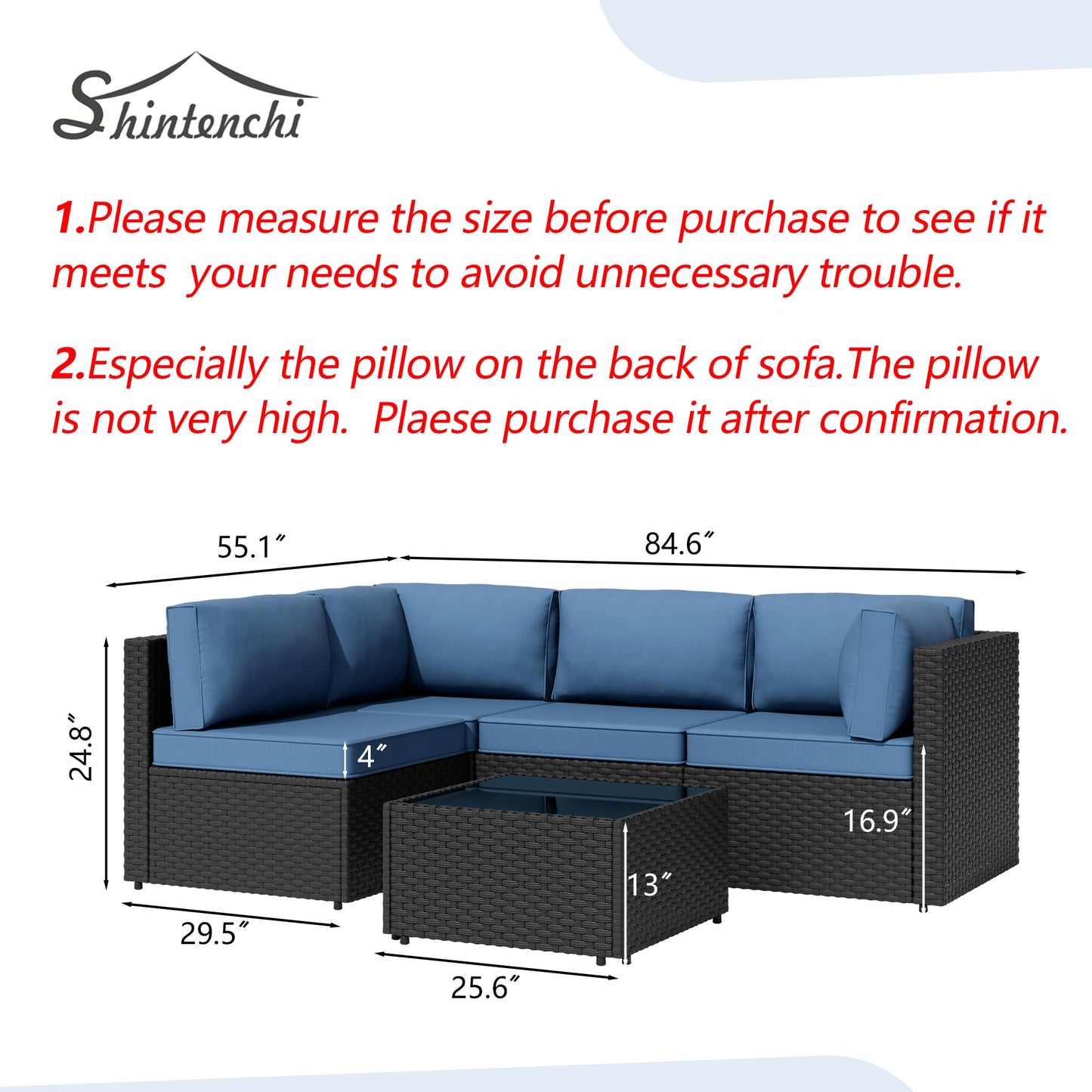 Patio Furniture Sets, 5 Piece Outdoor Sectional Sofas, Wicker Rattan Outdoor Furniture Patio Conversation Set, All-Weather PE Rattan Outdoor Couch for Backyard, Garden, Black & Aegean Blue