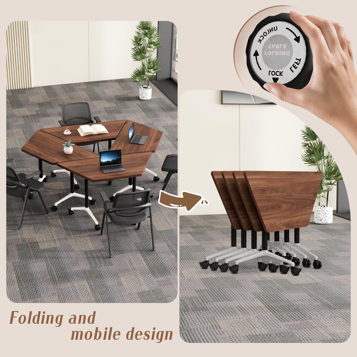 6 Pack Folding Conference Table,T-Shaped Conference Room Tables with Wheels, 47.2 in Modern Conference Table,Mobile Modular Seminar Meeting Desk for Classrooms,Office & Seminar (6, Walnut)