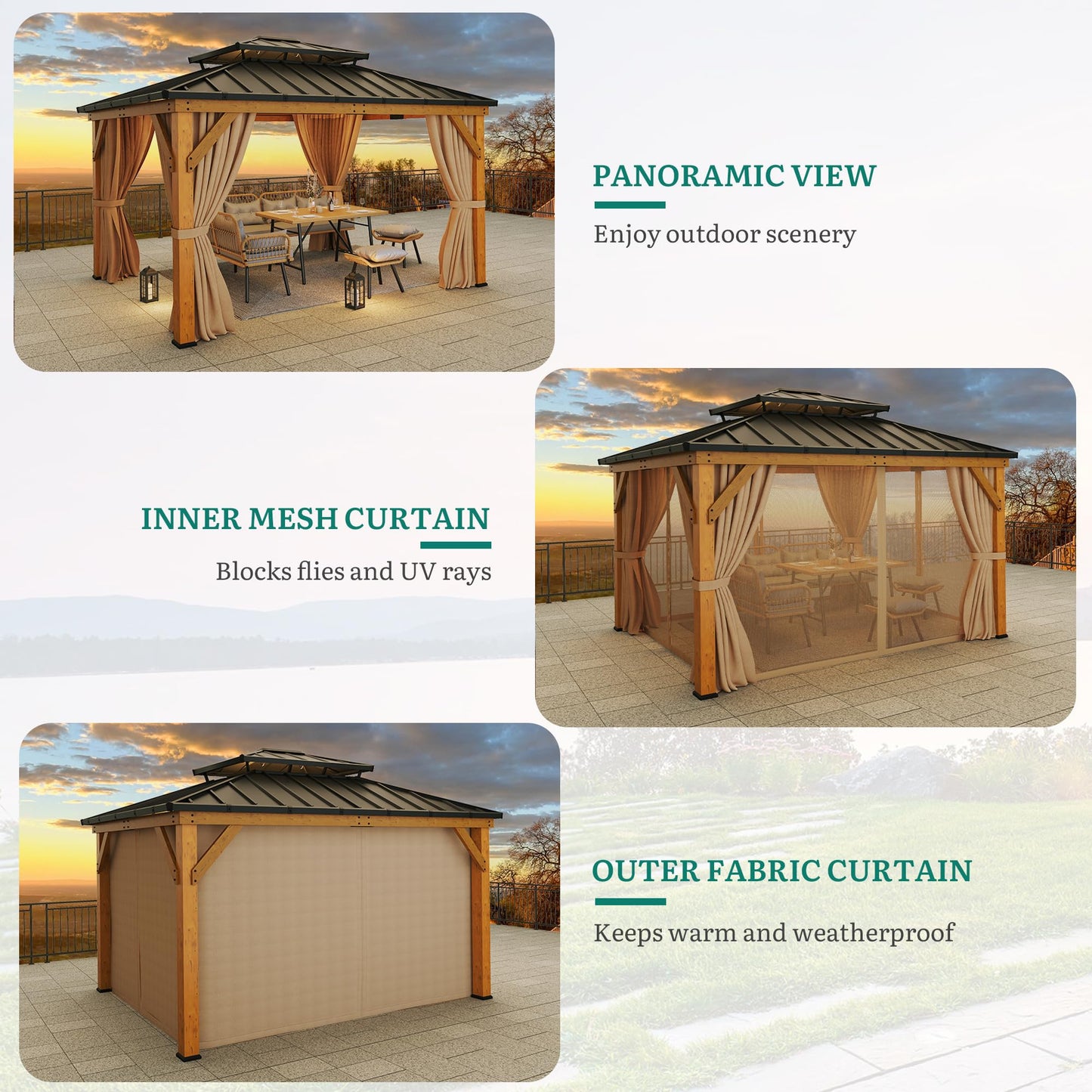 YITAHOME 11X13FT Wood Outdoor Gazebo Wooden Hardtop Gazebo Double Roof Hardtop Galvanized Steel Top Canopy w/Curtain and Netting, Patio Heavy Duty for Deck, Backyard, Golden