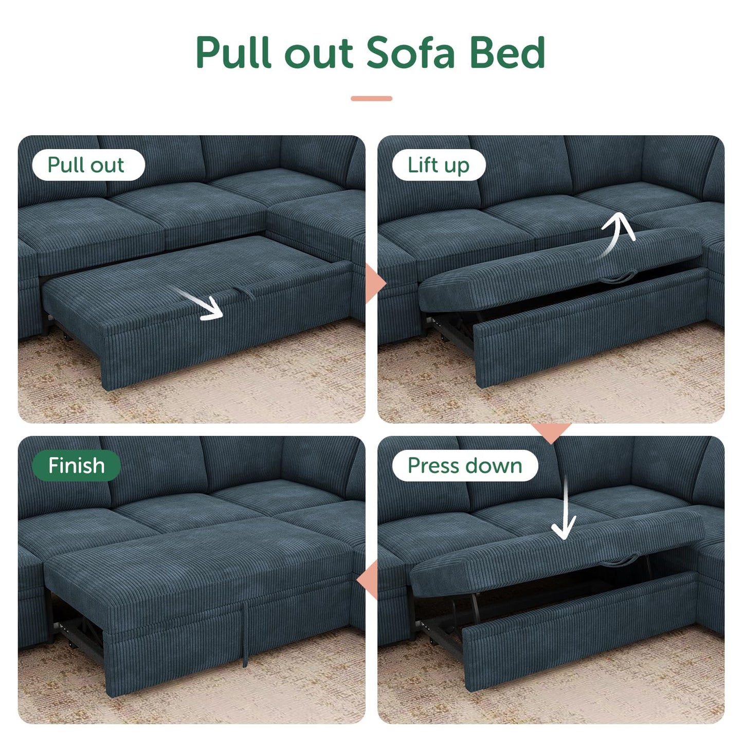 HONBAY Modular Sectional Couch with Pull Out Bed, Corduroy Sleeper Sofa with Storage Seats, U Shaped Sectional Couches for Living Room, Blue