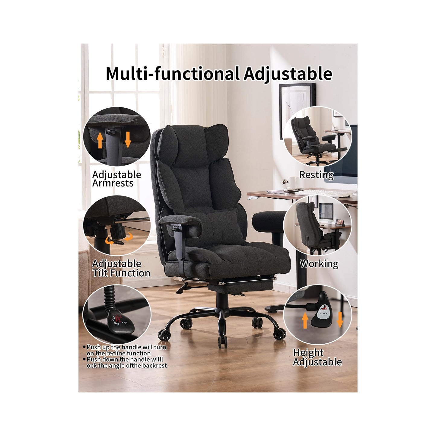 Efomao Fabric Office Chair, Big and Tall Office Chair 400 lb Weight Capacity, High Back Executive Office Chair with Foot Rest, Ergonomic Office Chair for Back Pain Relief, Dark Grey
