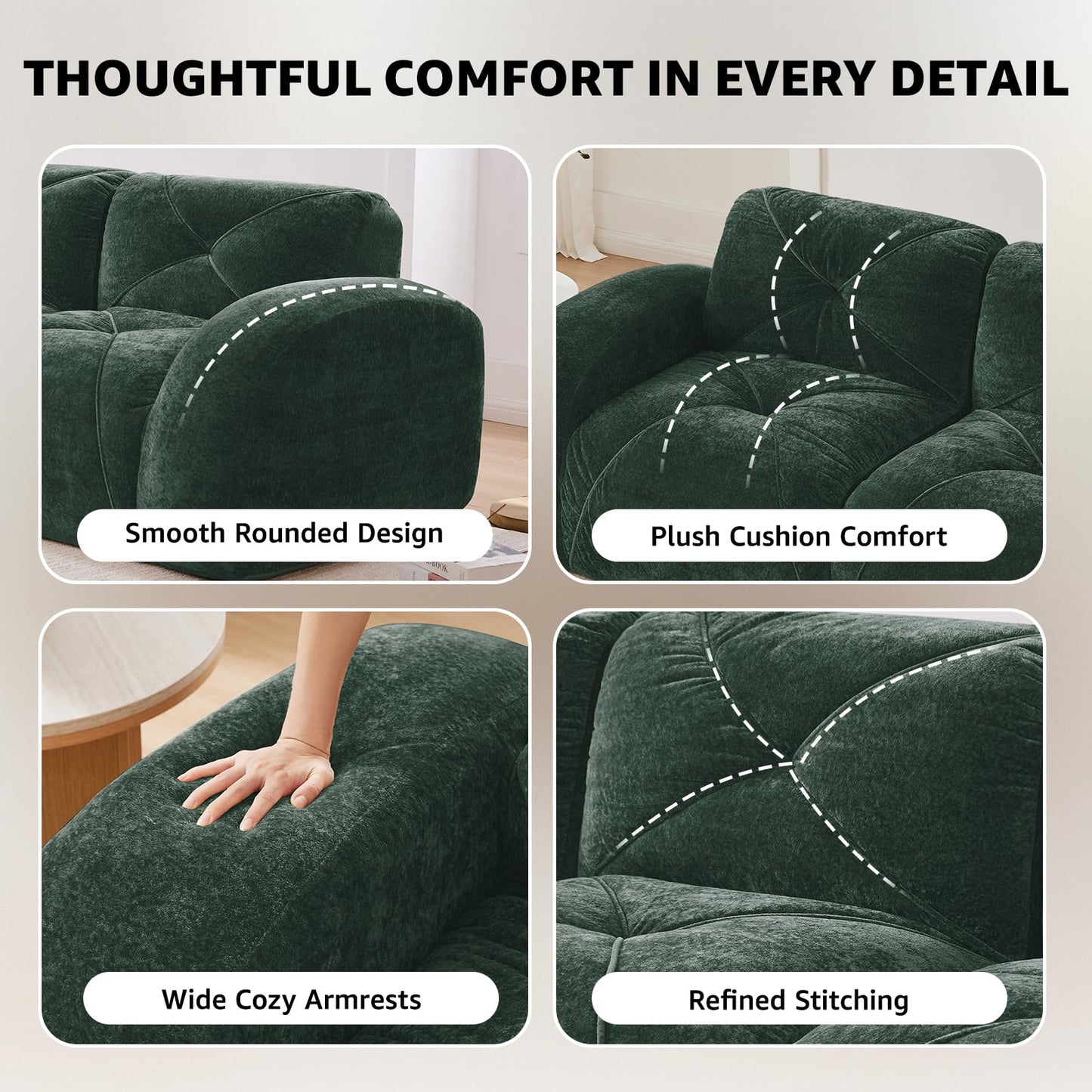 Green L-Shaped Sectional Couches for Living Room, Velvet Fabric Boneless Couch, No Assembly Cloud Modular Sectional Sofa with 1 Ottoman, Foam Couch Compressed Sofa Set for Apartment, Sofas para Sala