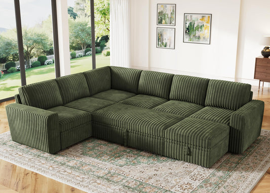 HONBAY Modular Sectional Sleeper Sofa with Pull Out Bed,Corduroy U Shaped Couch with Storage, Sectional Couches for Living Room,Green