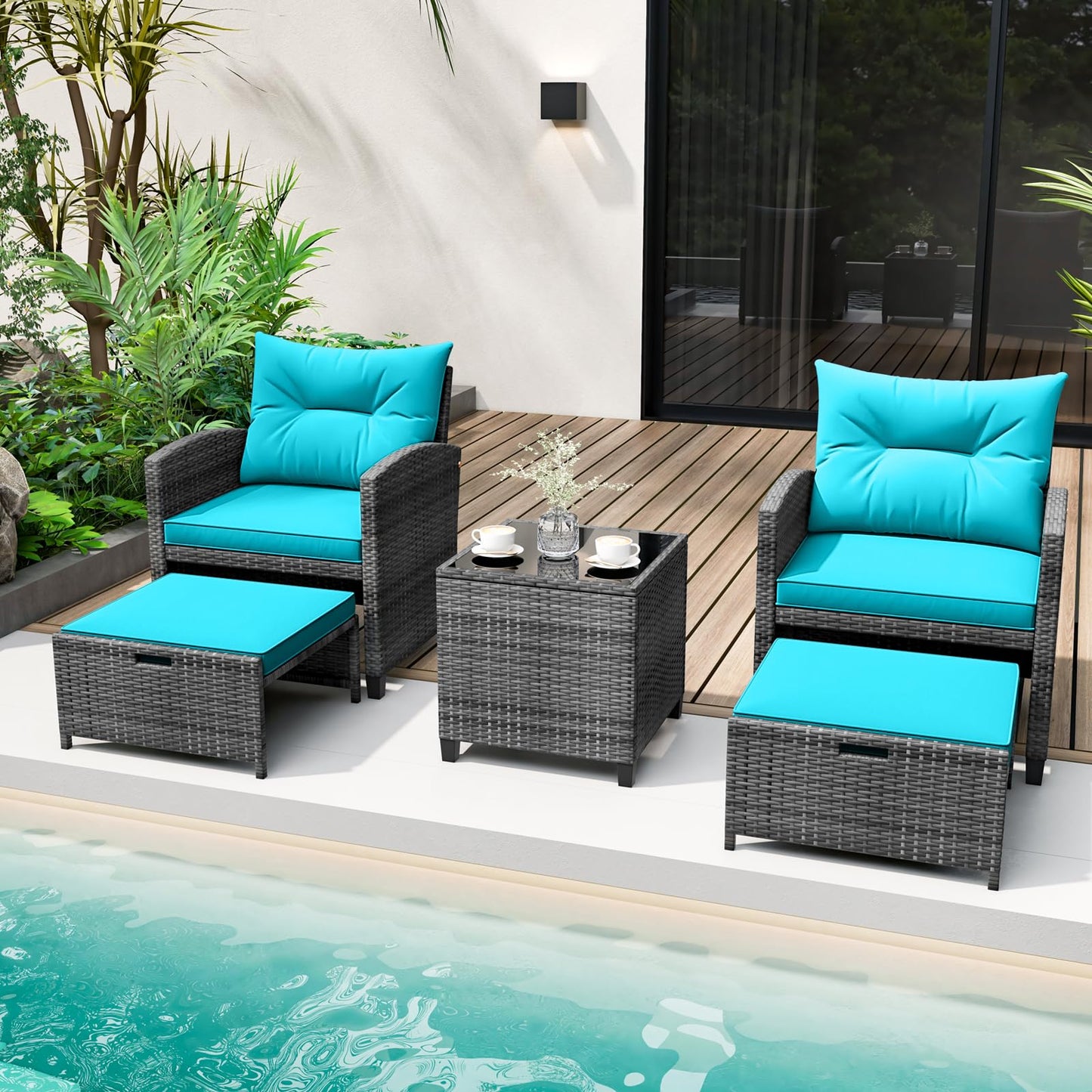 Tangkula 5 Pieces Patio Conversation Set, PE Wicker Rattan Outdoor Furniture Set with 2 Chairs, 2 Ottomans & Tempered Glass Coffee Table, Ideal for Poolside, Backyard, Lawn, Deck, Mix Grey & Turquoise