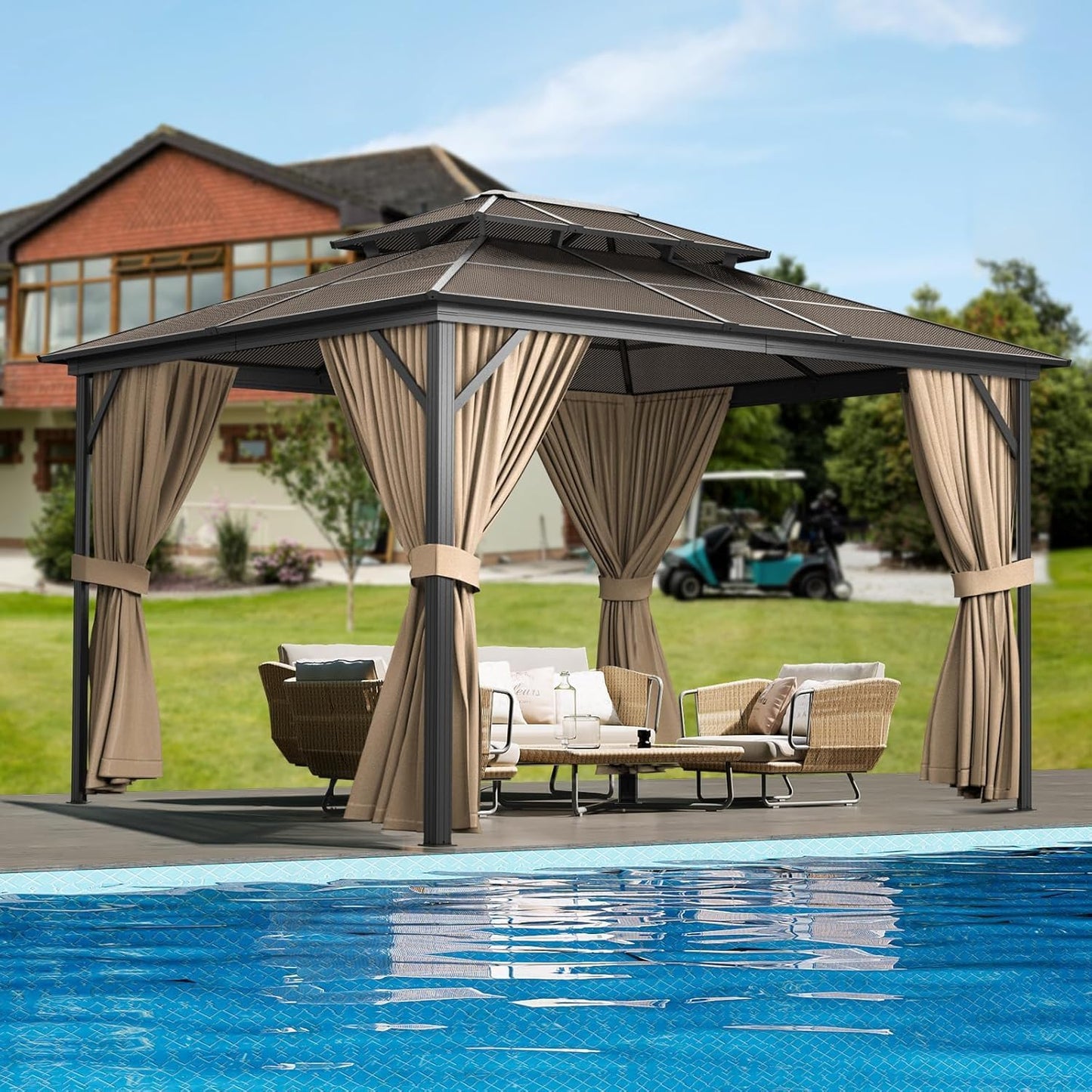 GAOMON 10'x12' Hardtop Gazebo, Outdoor Polycarbonate Double Roof Canopy, Aluminum Frame Permanent Pavilion with Curtains and Netting, Sunshade for Garden, Patio, Lawns (10x12ft)