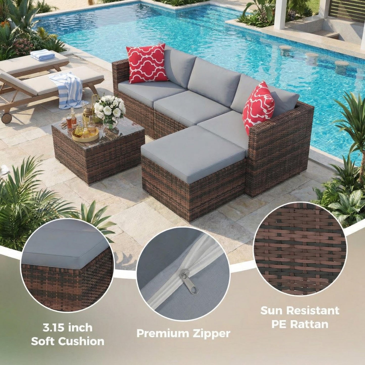 5-Piece Patio Sectional Sofa Set, All-Weather Brown PE Rattan Outdoor Conversation Furniture with Neutral-Tone Cushions, Glass Coffee Table & Footstool, Modular Design for Garden, Porch, Balcony, Pool