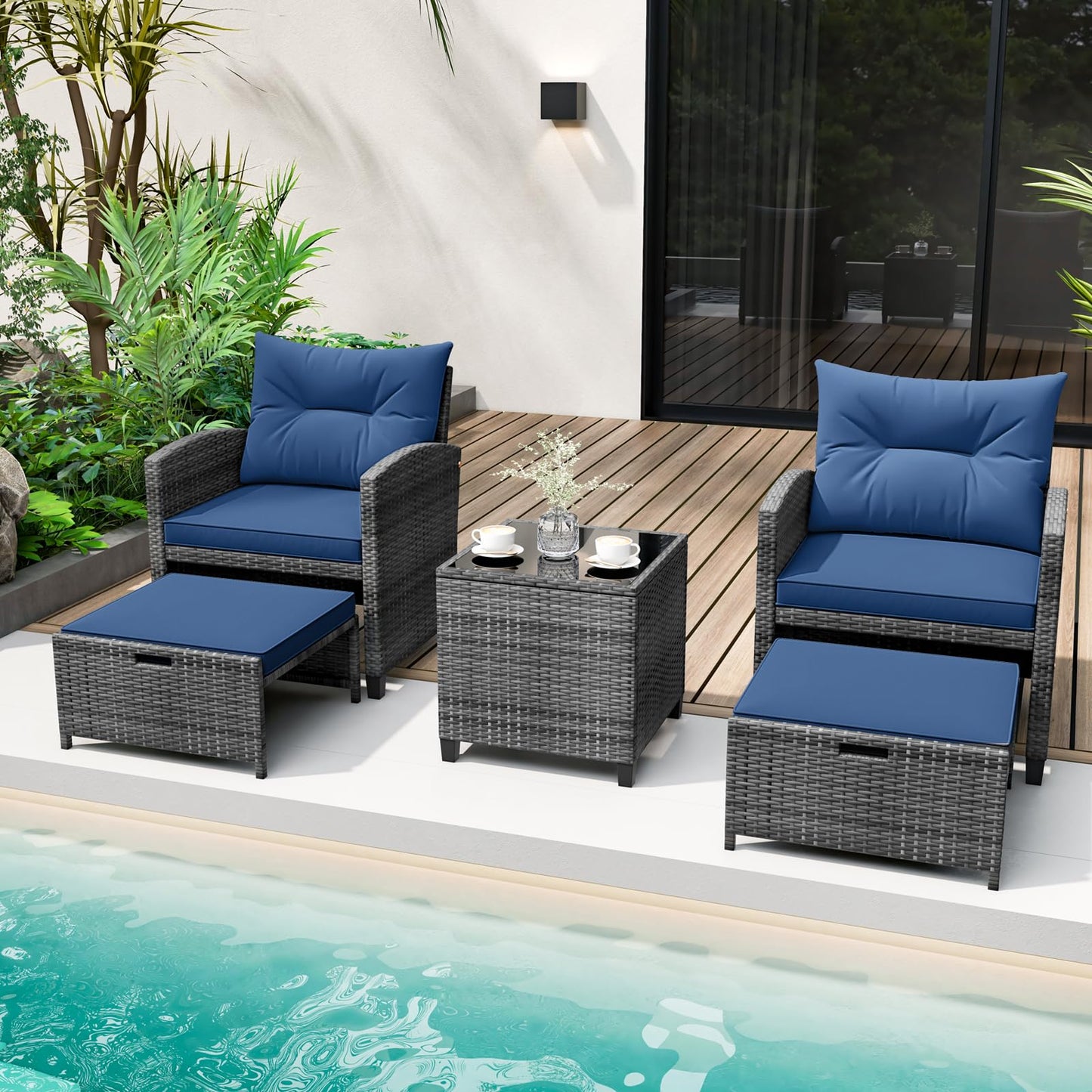Tangkula 5 Pieces Patio Conversation Set, PE Wicker Rattan Outdoor Furniture Set with 2 Chairs, 2 Ottomans & Tempered Glass Coffee Table, Ideal for Poolside, Backyard, Lawn, Deck, Mix Grey & Navy
