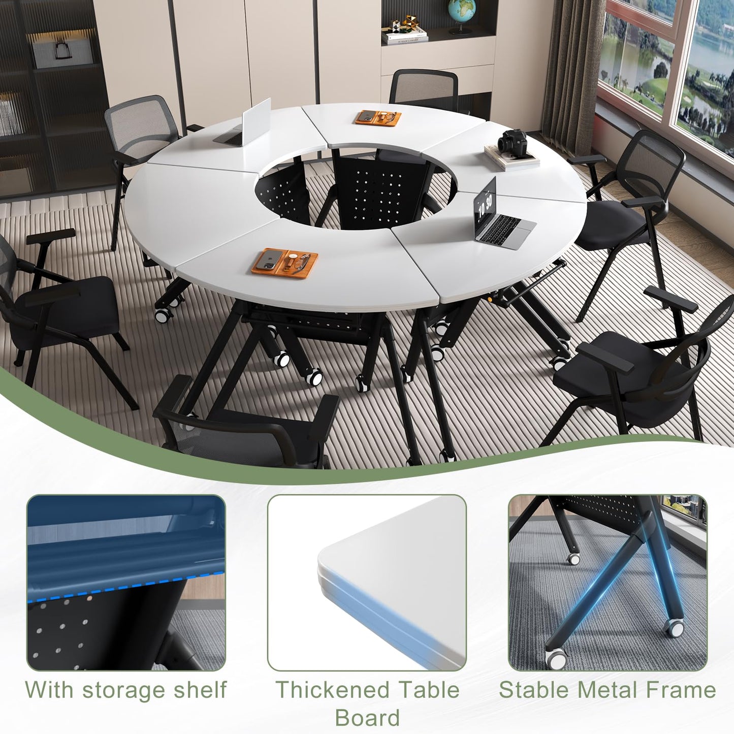 JFazzruit Folding Conference Table,Fan-Shaped Conference Room Tables with Wheels, Mobile Modular Seminar Meeting Desk for Classrooms,Office & Seminar (6, Fan-White)