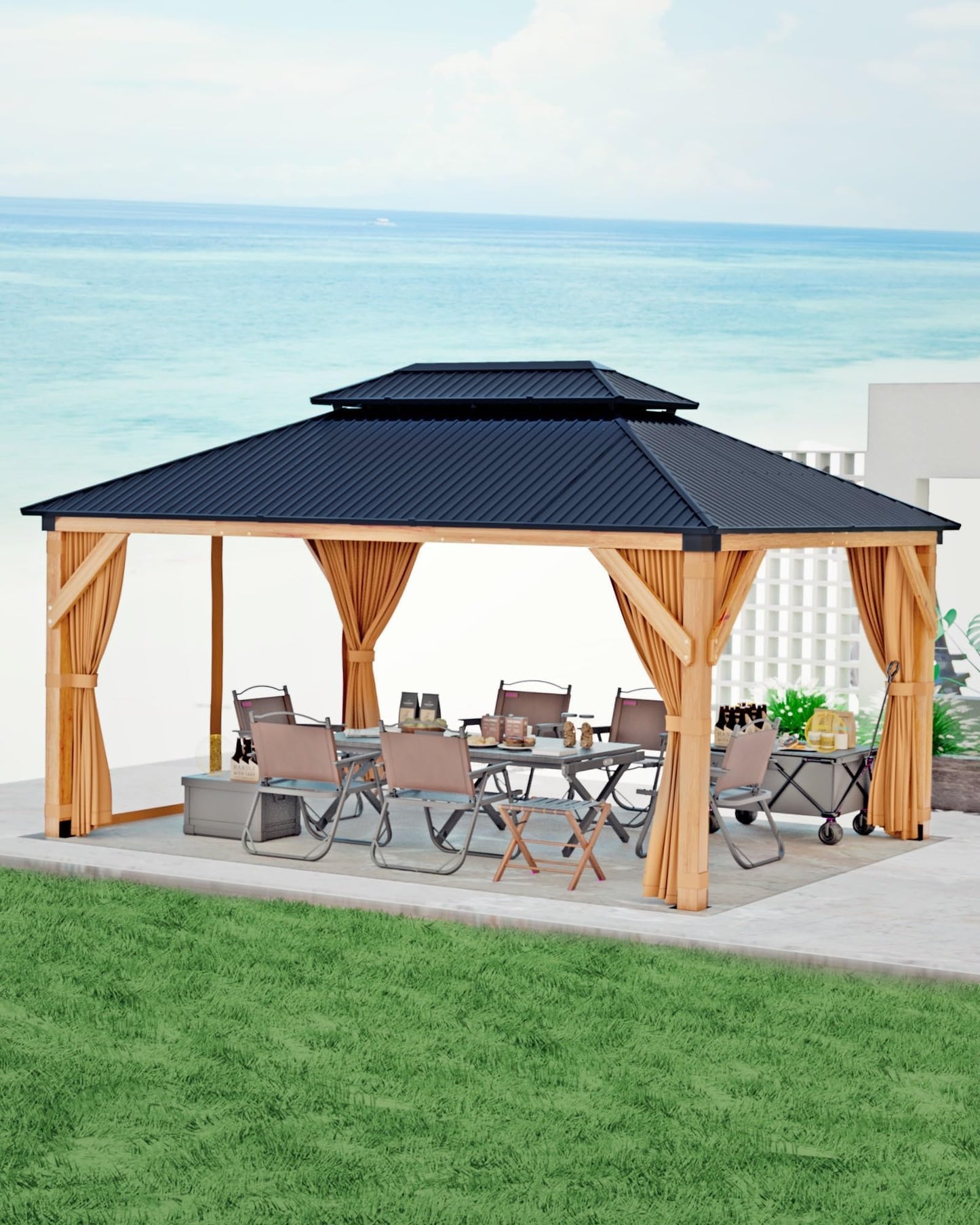10x12 ft Hardtop Wood Gazebo for All Weather, Double Metal Roof, Heavy Duty Cedar Frame, Curtains & Netting, Permanent Outdoor Pavilion for Patio, Deck, Backyard, Lawn, Garden, Khaki