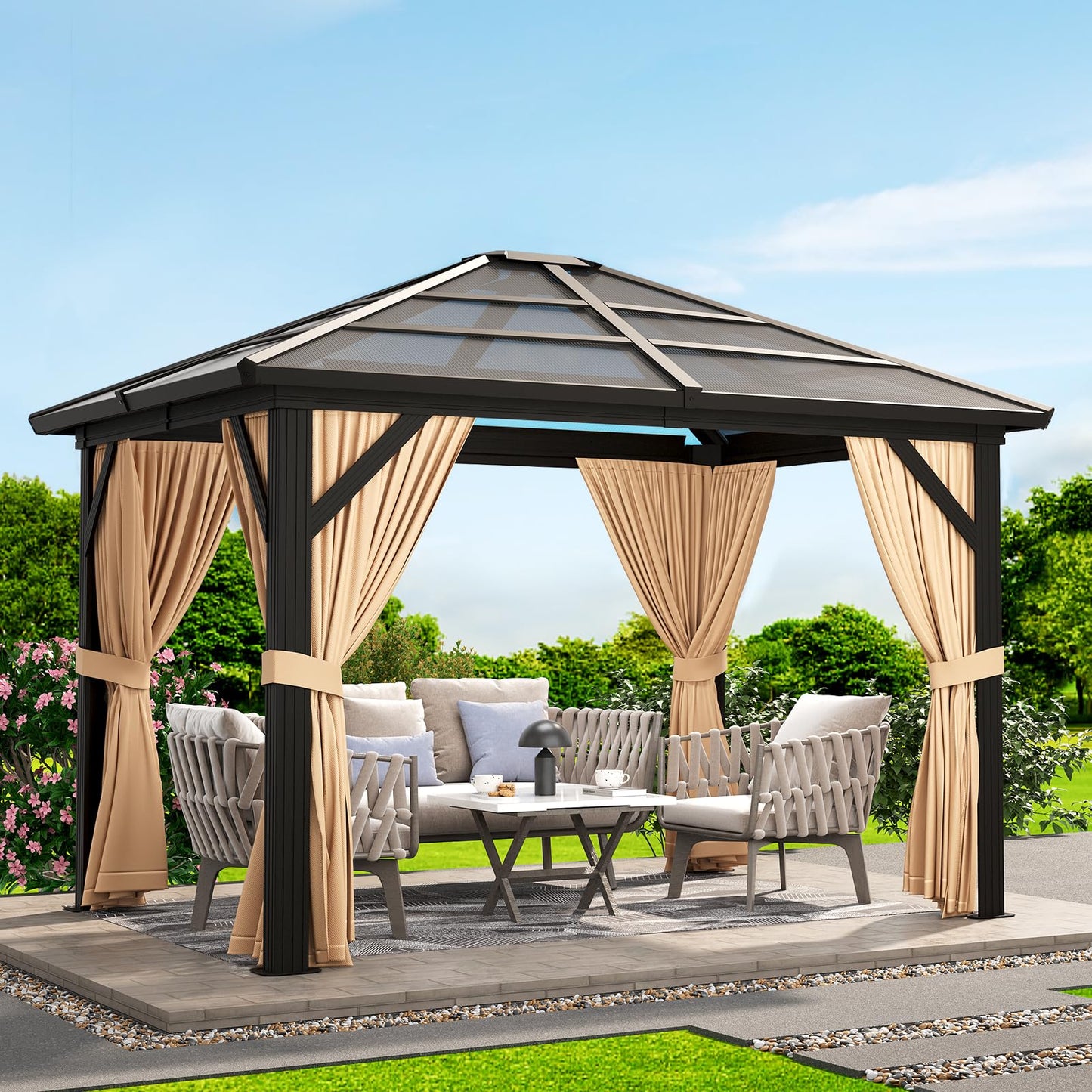 GAOMON 10x12ft Gazebo, Hardtop Outdoor Canopy Aluminum Frame Permanent Gazebo with Netting and Curtains, Polycarbonate Garden Tent for Patio, Lawn, Backyard, Deck (10'x12')