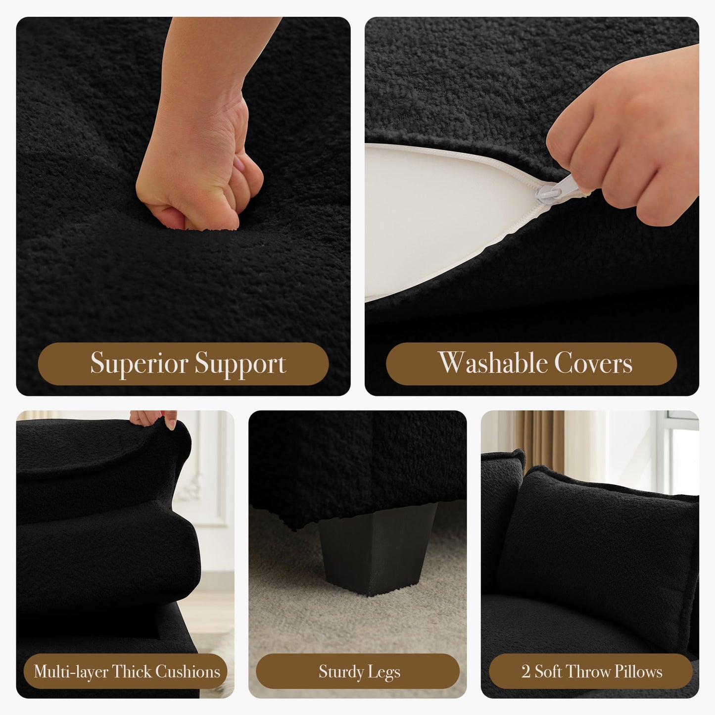 ROWHY 112'' Modular Sectional Cloud Couch with Movable Ottoman, 4 Seat Modern Chenille Sofa with 2 Throw Pillows, Deep Seat L Shaped Couch for Living Room Bedroom Apartment, Black