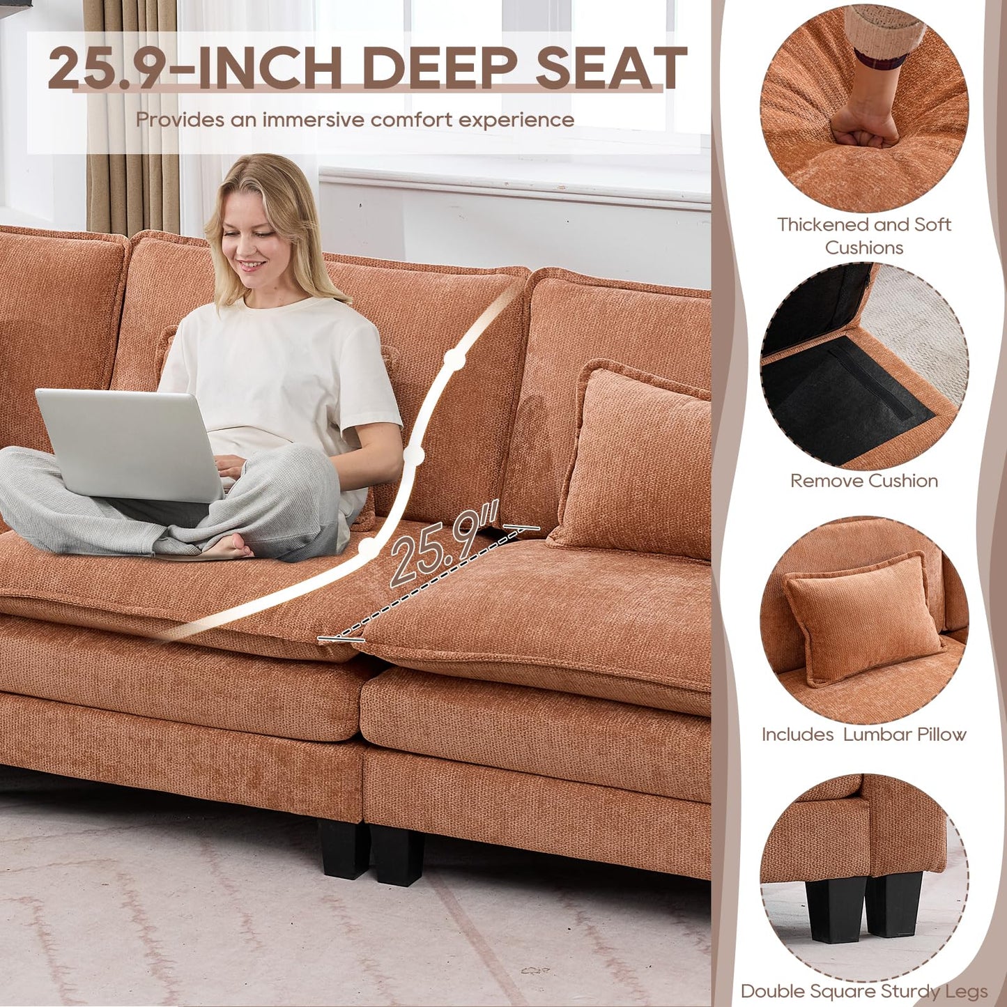 IPKIG 117" Modular Sectional Sofa, Chenille U-Shaped Sectional Couch Comfy Upholstered 3 Seat Sofa with 2 Ottoman, Deep Seat Cloud Couch Sofa for Living Room, Orange