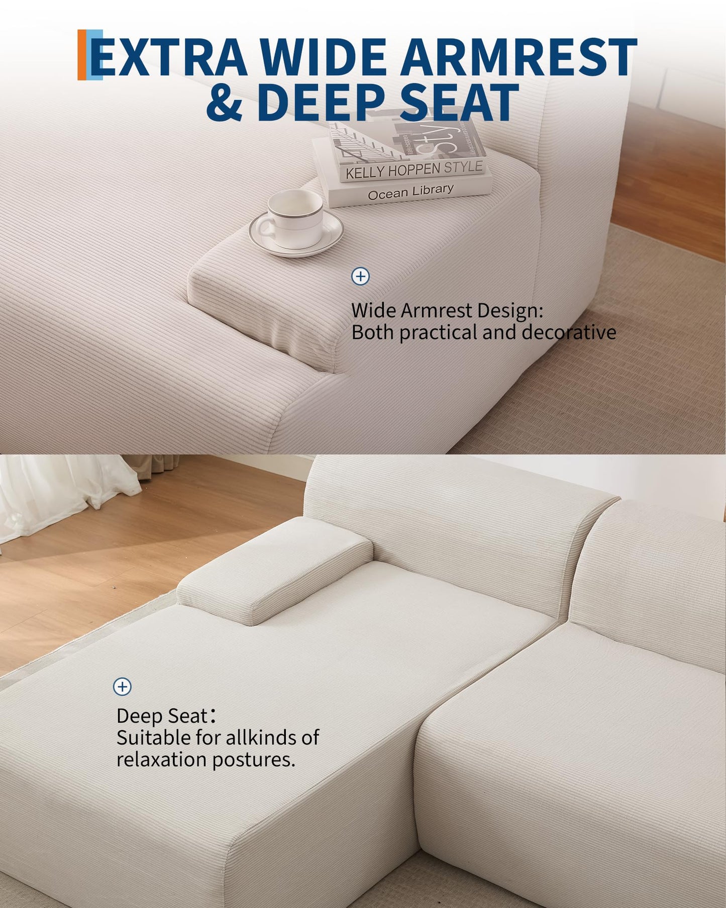 MilleLoom 108" Sectional Couches for Living Room, Modular Sectional Sofa with L-Shape Chaise,Ultra Soft Corduroy L Shaped Couch Bed,Perfect Comfy Couches for Living Room, No Assembly Required, Beige
