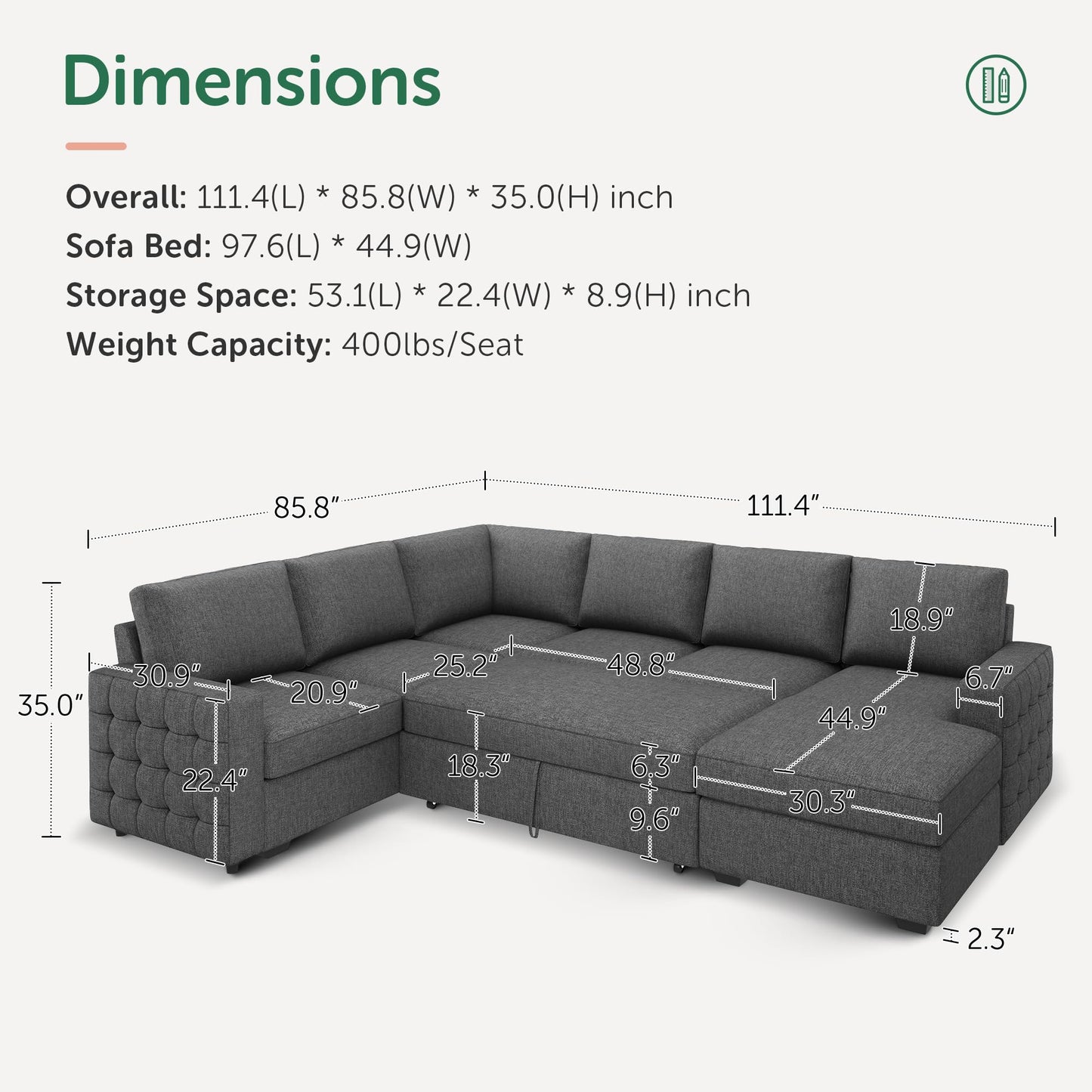 HONBAY Sectional Sleeper Sofa with Pull Out Bed U-Shape Sectional Couch Sleeper Bed with Storage Chaise 6 Seater Sleeper Sectional Sofa, Light Grey