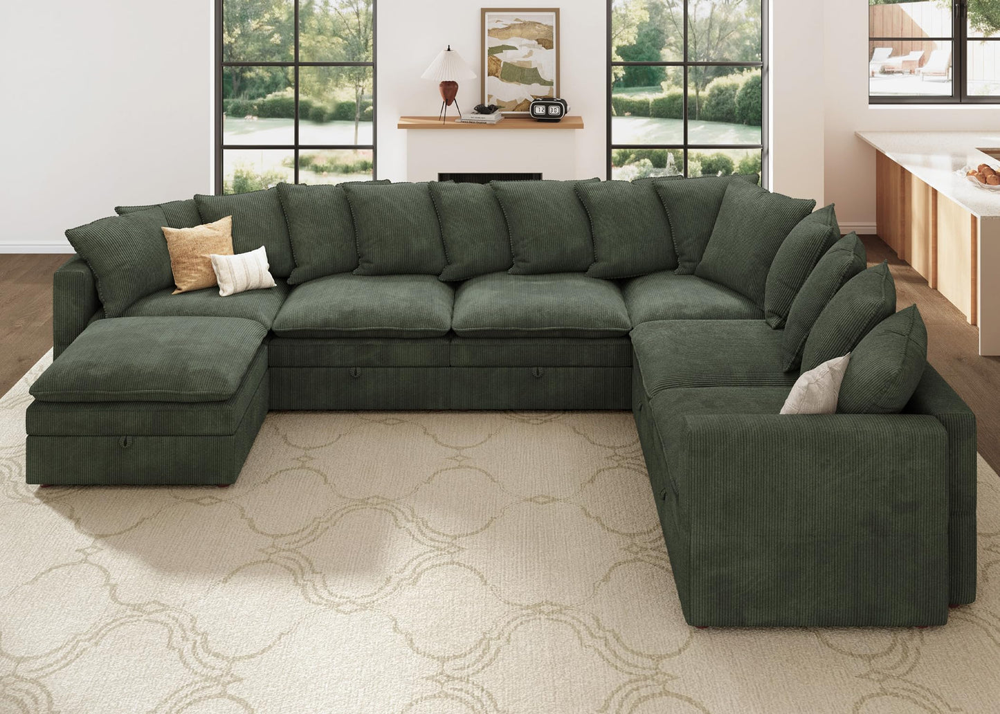 HONBAY Modular Sectional Sofa with Ottoman, 7 Seat U Shaped Couch with Storage & Pillows, 137 Inch Oversized Sectional Sofa for Living Room, Green