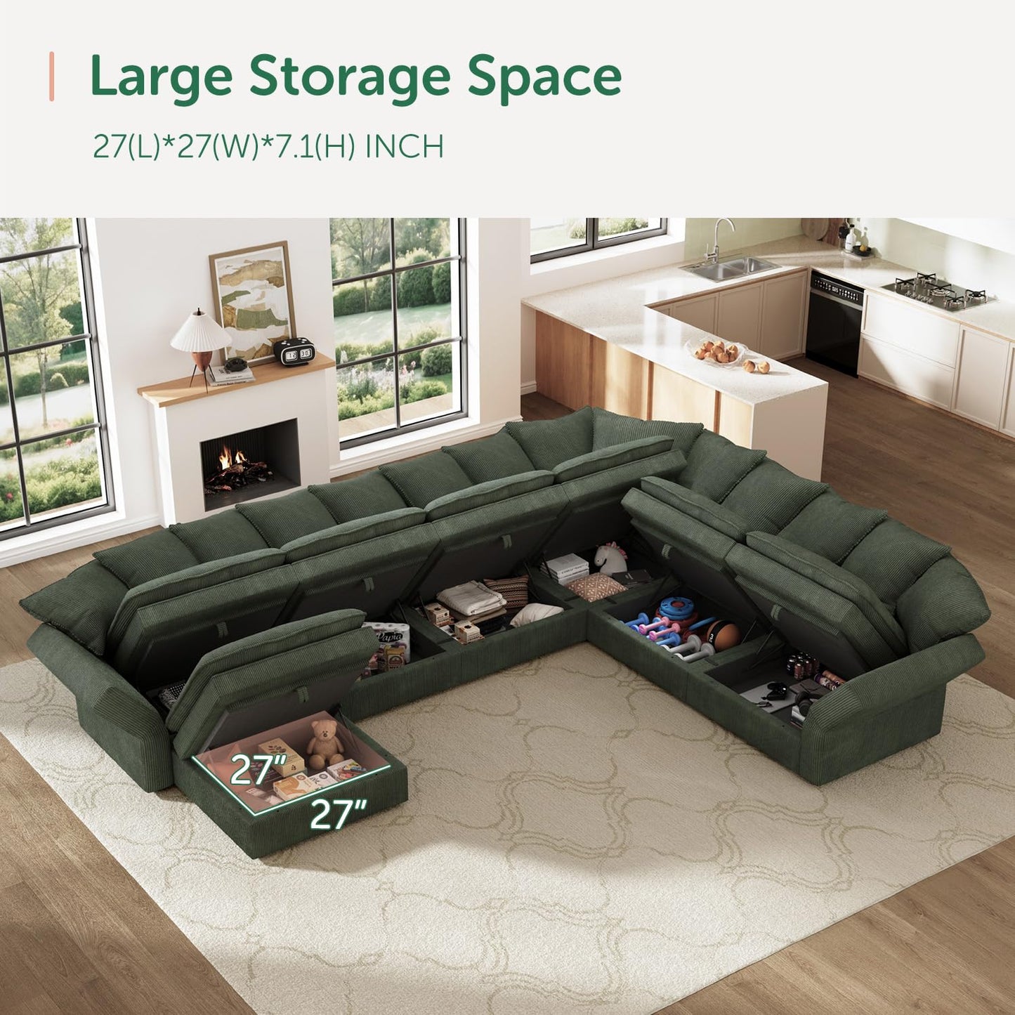 HONBAY Modular Sectional Sofa with Ottoman, 7 Seat U Shaped Couch with Storage & Pillows, 137 Inch Oversized Sectional Sofa for Living Room, Green