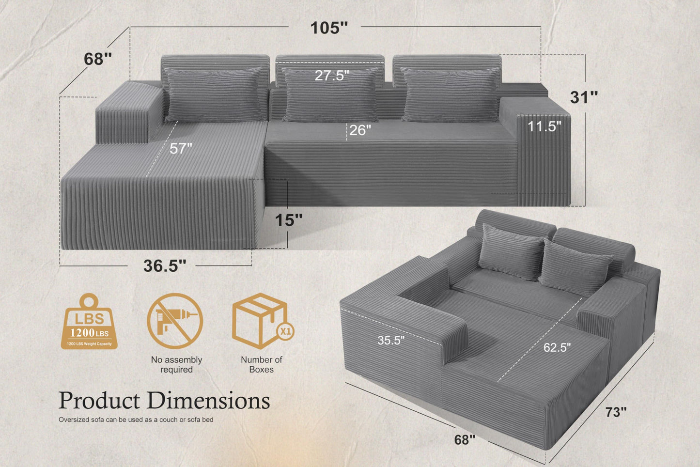 HABUTWAY Sectional Couches for Living Room,No Assembly L Shaped Couch 105" Modular Sectional Sofa Couch with Deep Seat,Cloud Couches Furniture Sets for Apartment,Corduroy (Light Grey, Left Facing)
