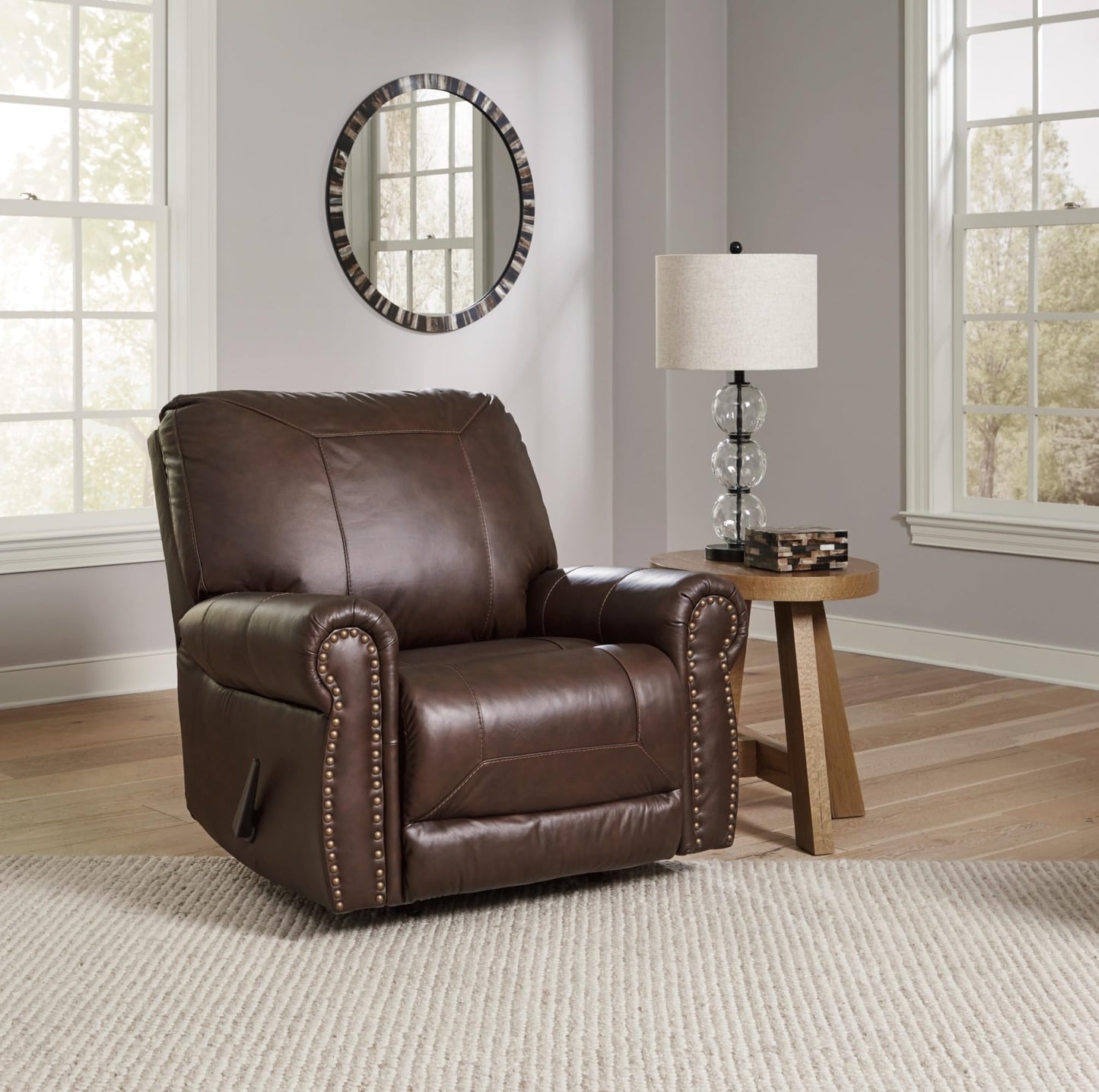 Signature Design by Ashley Colleton Classic Leather Match Upholstered Manual Recliner with Nailheads, Dark Brown