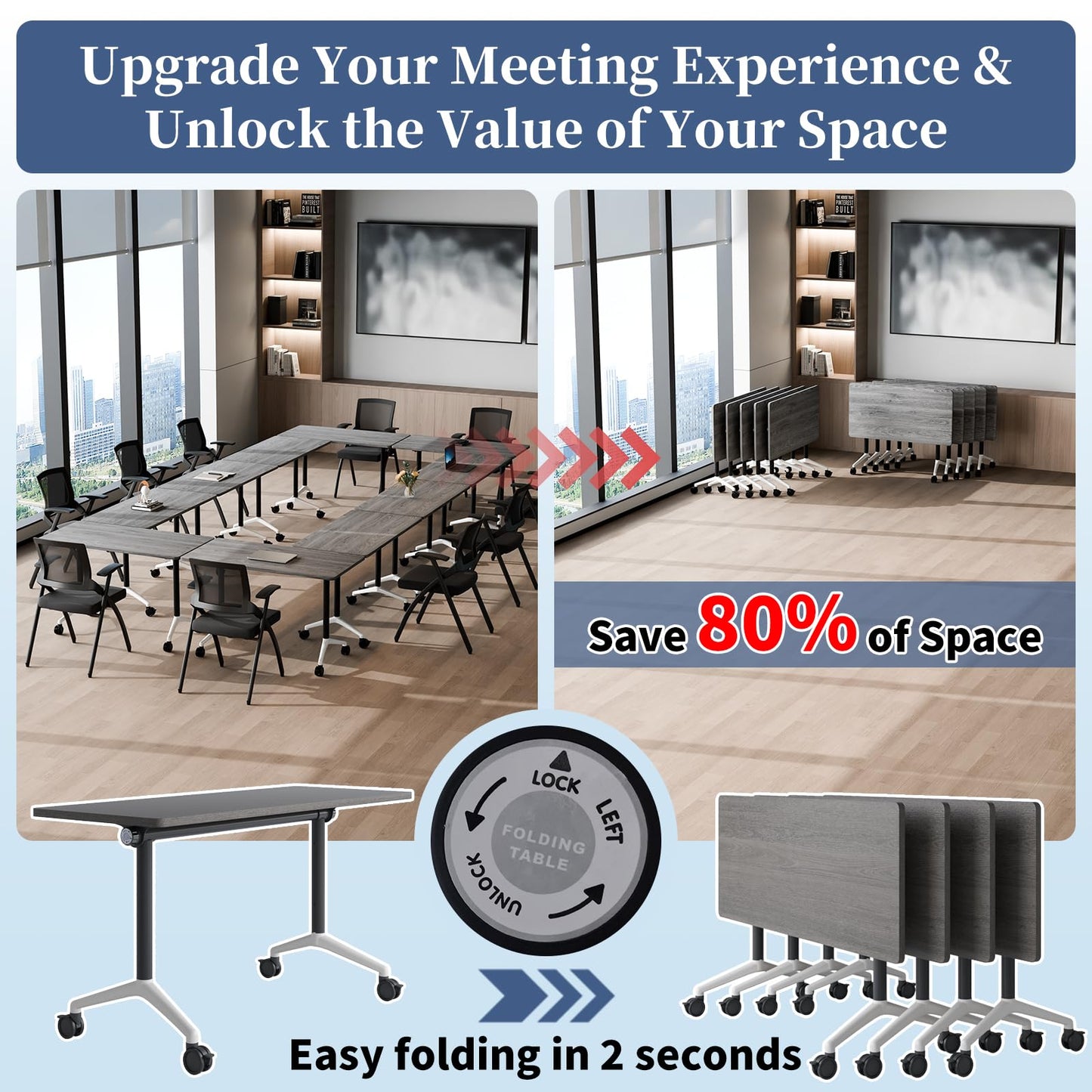 Modular Folding Conference Table with Wheels,6 Pack Mobile Conference Room Tables,Filp Top Rolling Meeting Training Tables for Office,Classroom,Library,Seminar,Boardroom,school(6pack,Grey,47in)