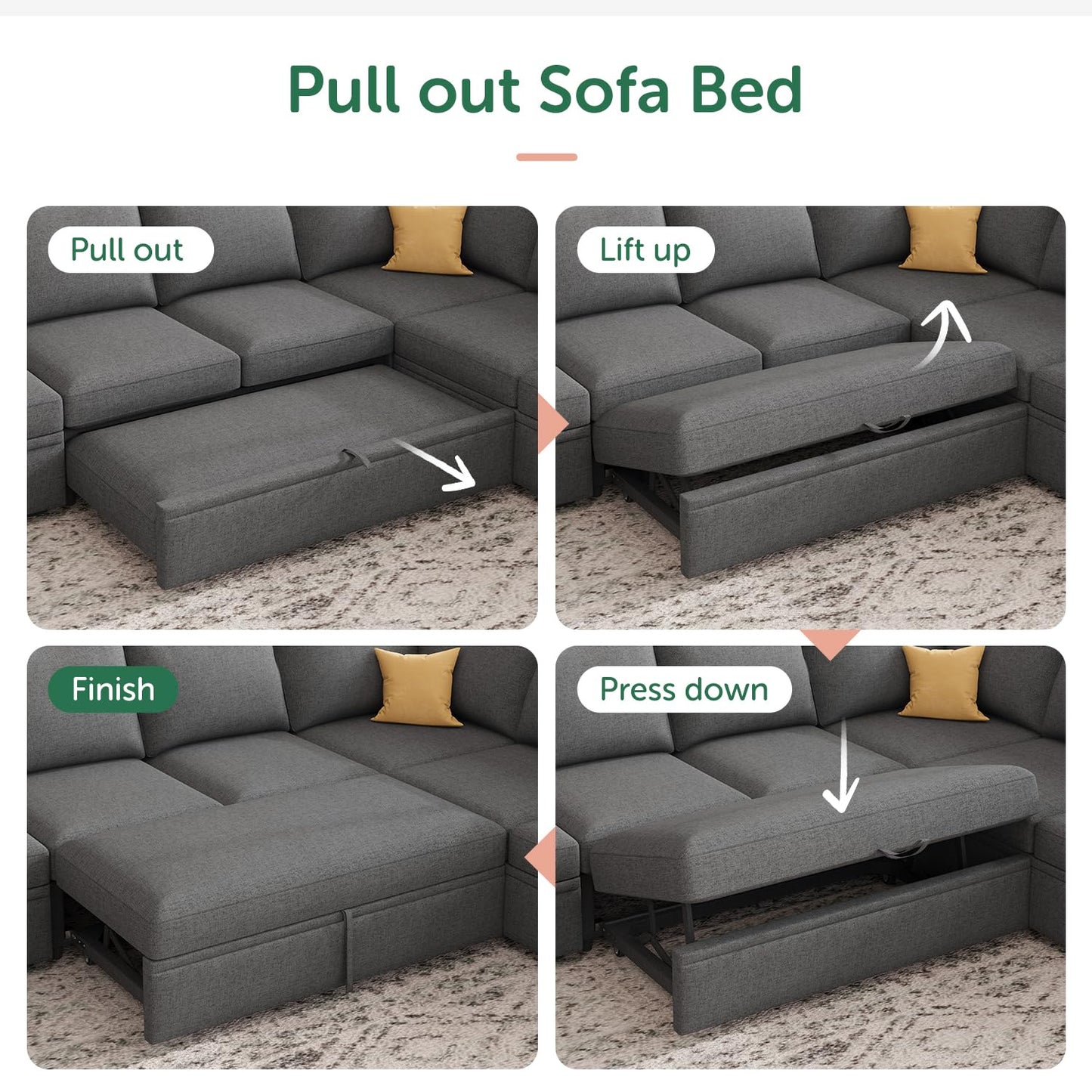 HONBAY Modular Sectional Sleeper Sofa Bed, with Pull Out Bed, Linen Convertible Sectional Couches for Living Room - Dark Grey