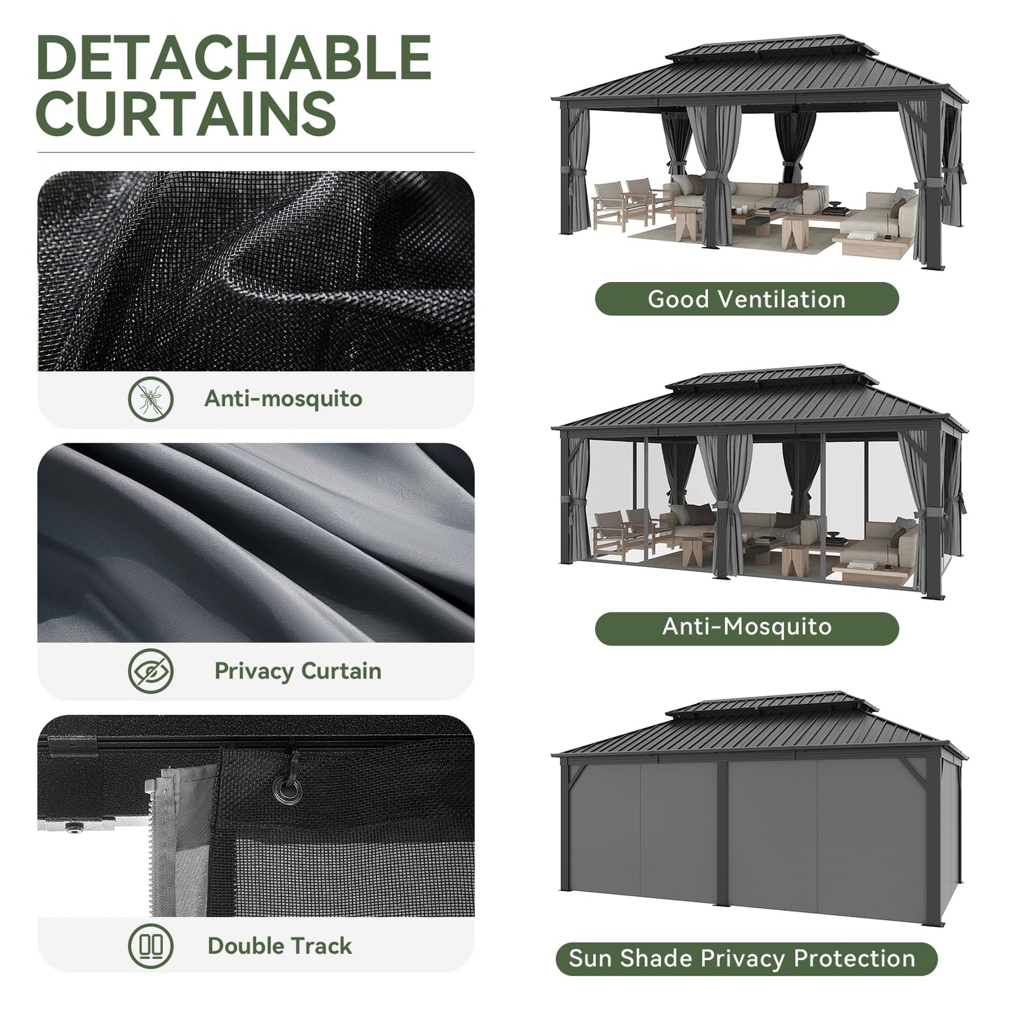 Aoxun 12' X 20' Hardtop Gazebo, Galvanized Steel Double Top, Metal Gazebo with Curtains and Netting, Permanent Canopy Pavilion for Wedding, Party, Outdoor Dining