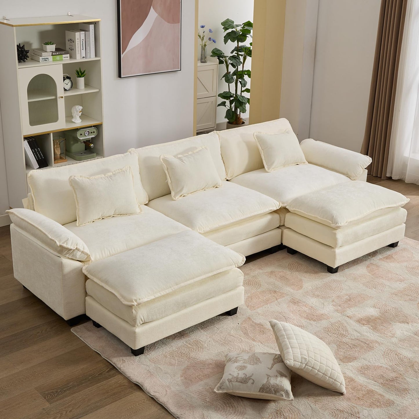 IPKIG 117" Sectional Sofa Cloud Couch, Modern Chenille U-Shaped Couch Comfy Upholstered 3-Seat Sofa with 2 Ottoman, 3 Lumbar Pillow, Deep Seat Modular Sofa for Living Room, Apartment, Studio