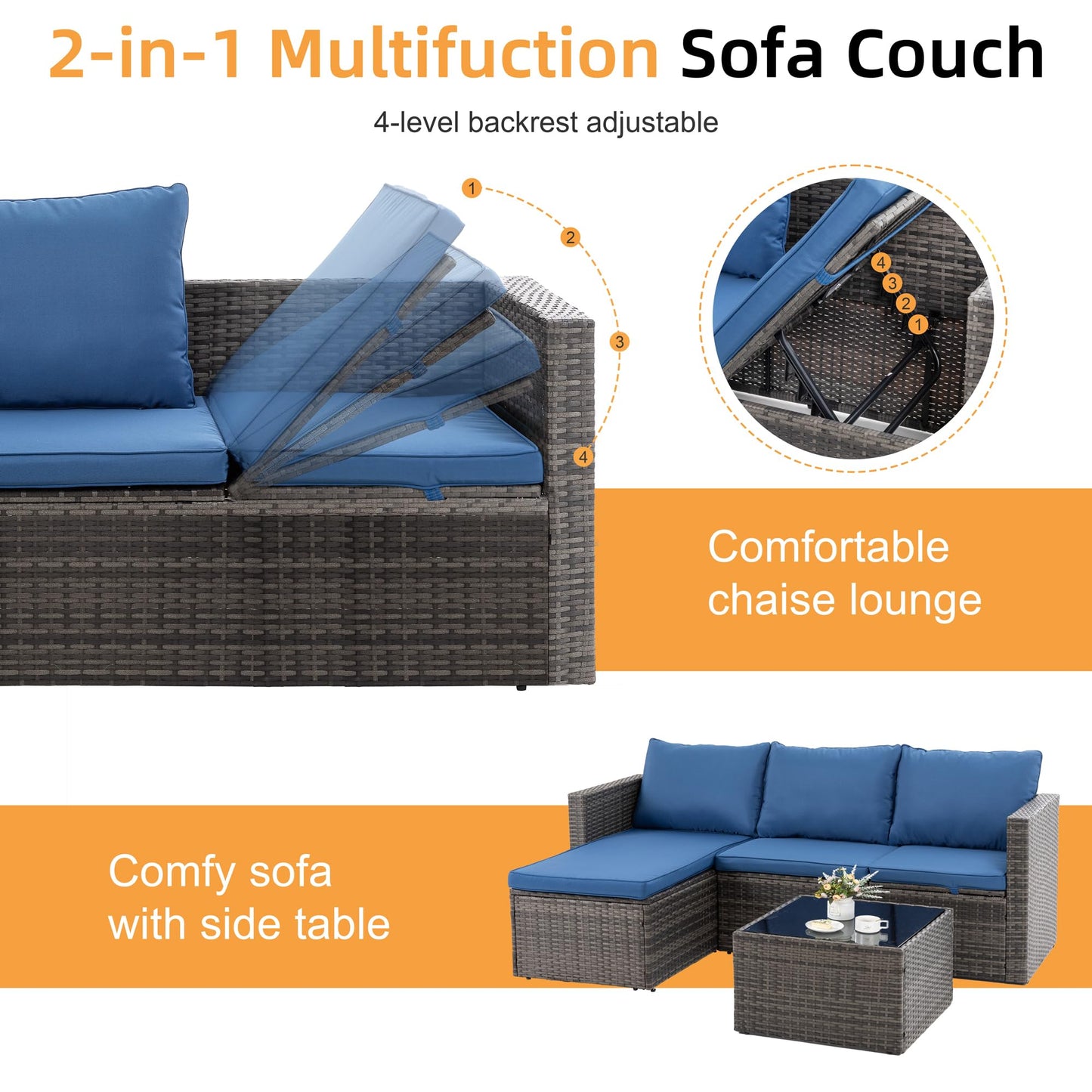 Shintenchi 4 Pieces Patio Furniture Sets, Outdoor Sofa Patio Sectional Sets All Weather, 2-in-1 Wicker Rattan Sofa Couch with Cushions & Coffee Table for Yard, Garden, Porch, Poolside (Navy Blue)