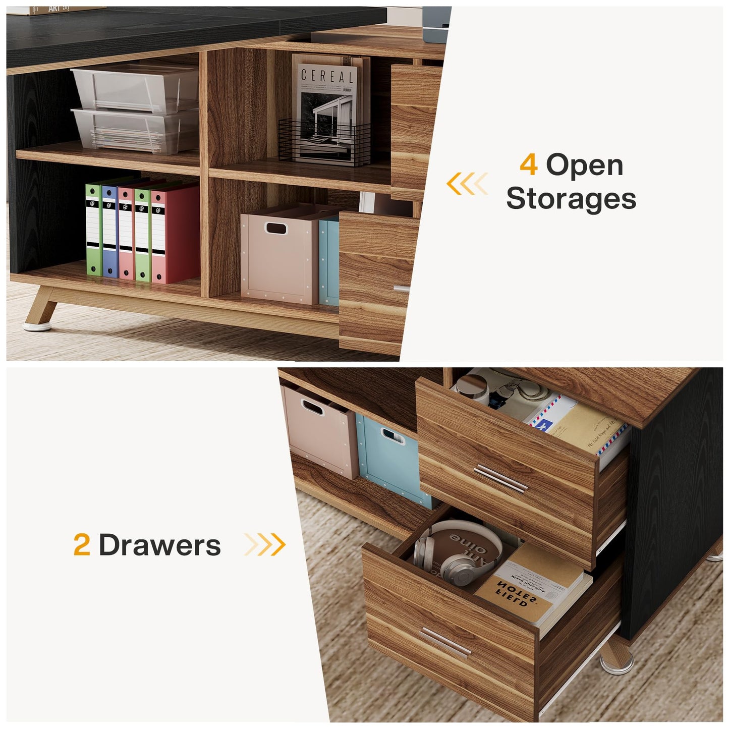 Tribesigns 78.7-Inch Executive Desk, L-Shaped Desk with 55-Inch Cabinet, Large Office Desk with Storage Shelves, Modern Computer Desk for Home Office, Black & Walnut