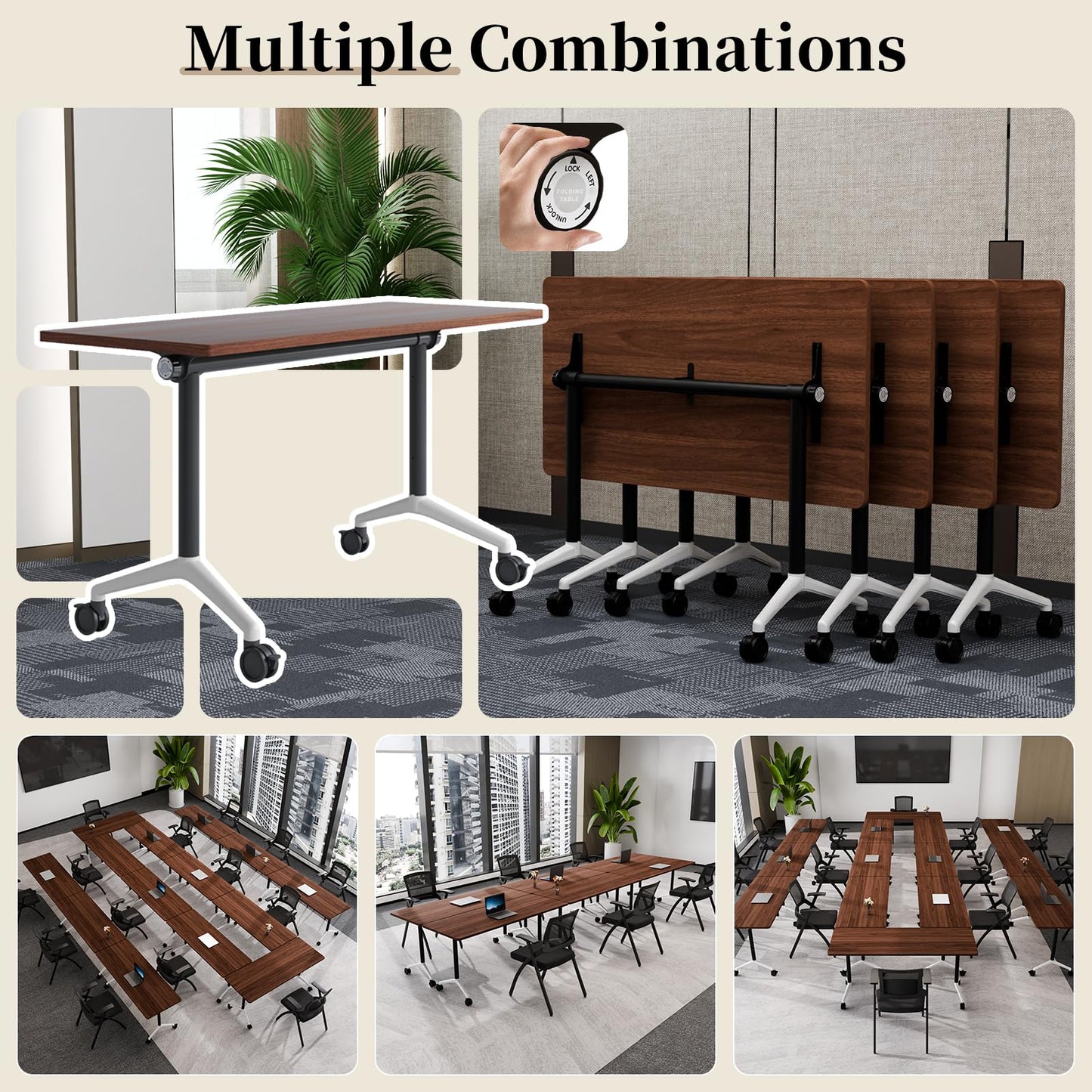 Modular Folding Conference Table with Wheels,4 Pack Mobile Conference Room Tables,Filp Top Rolling Meeting Training Tables for Office,Classroom,Library,Seminar,Boardroom,school(4pack,Walunt,47in)