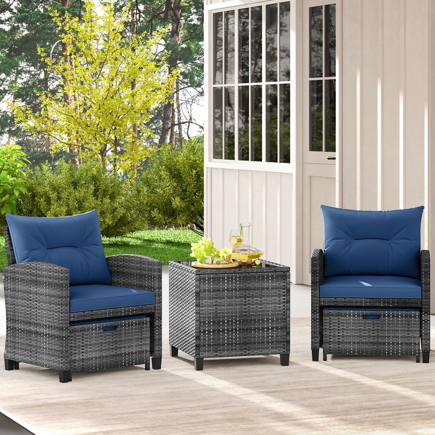 Tangkula 5 Pieces Patio Conversation Set, PE Wicker Rattan Outdoor Furniture Set with 2 Chairs, 2 Ottomans & Tempered Glass Coffee Table, Ideal for Poolside, Backyard, Lawn, Deck, Mix Grey & Navy