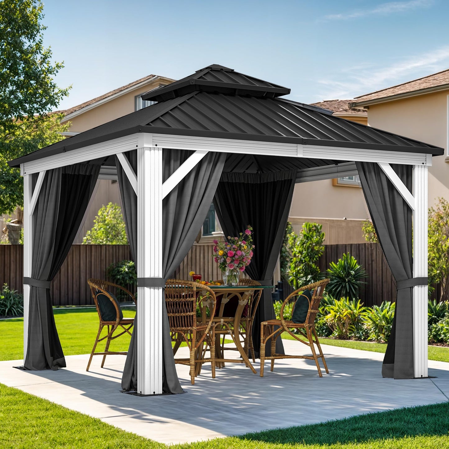 DWVO 10x10ft Hardtop Gazebo Double Roof Canopy Outdoor Galvanized Roof Aluminum White Gazebo with Netting and Curtain Garden Tent for Patio, Backyard Deck
