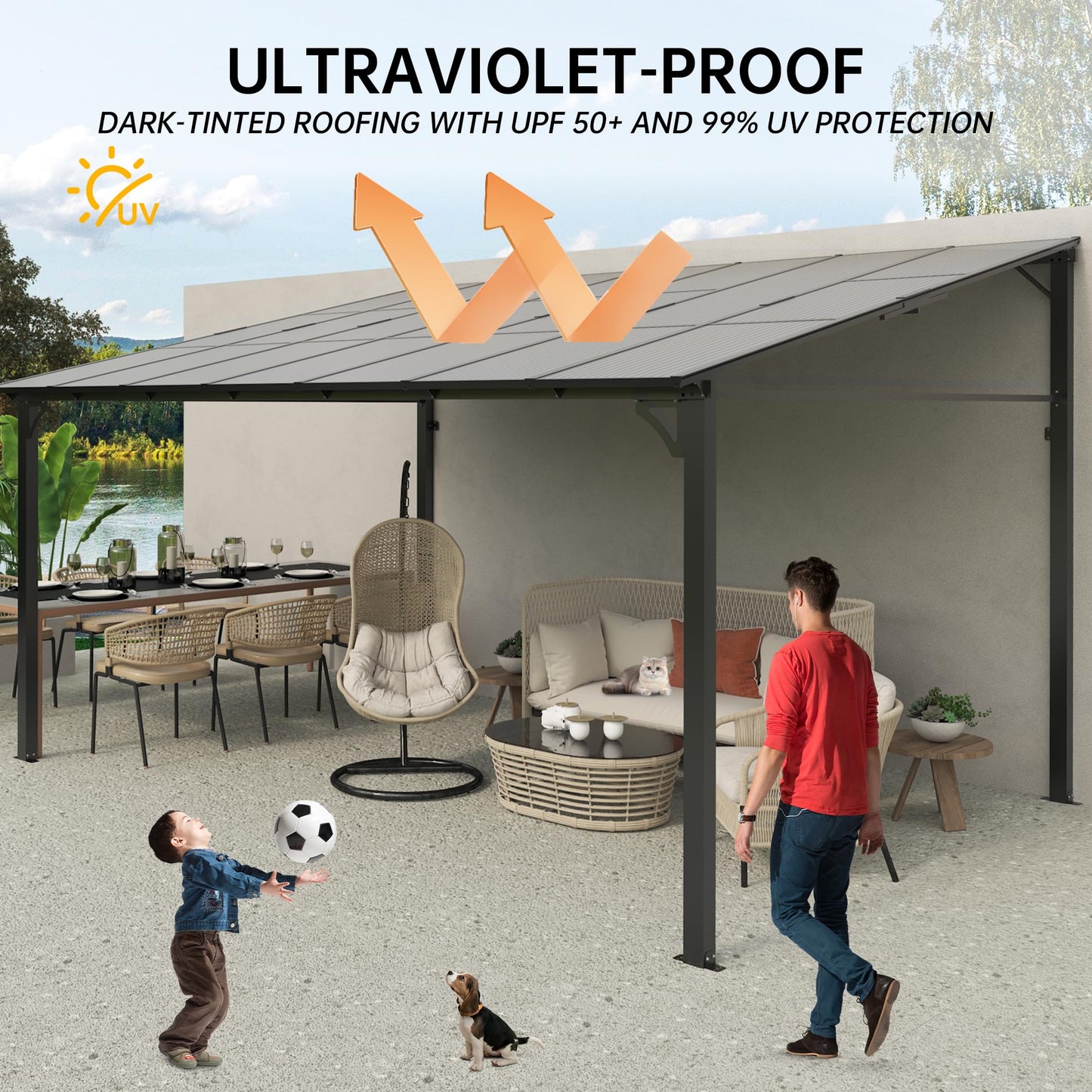 10x12 ft Wall-Mounted Lean-to Gazebo, Outdoor Patio Cover Awning with Heavy-Duty Aluminum Frame & UV-Resistant Polycarbonate Roof, All-Weather Hardtop Canopy for Deck, Yard & Parties