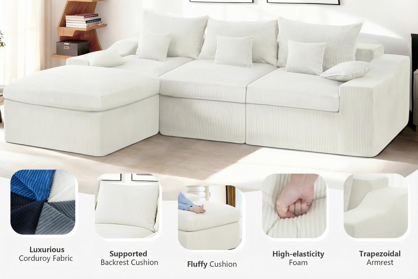 HABUTWAY 104" L Shaped Cloud Sectional Couch, Boneless Modular Sectional Sofa with Deep Seat, Corduroy Couches for Living Room, Modular Couch, No Assembly Required (Beige)