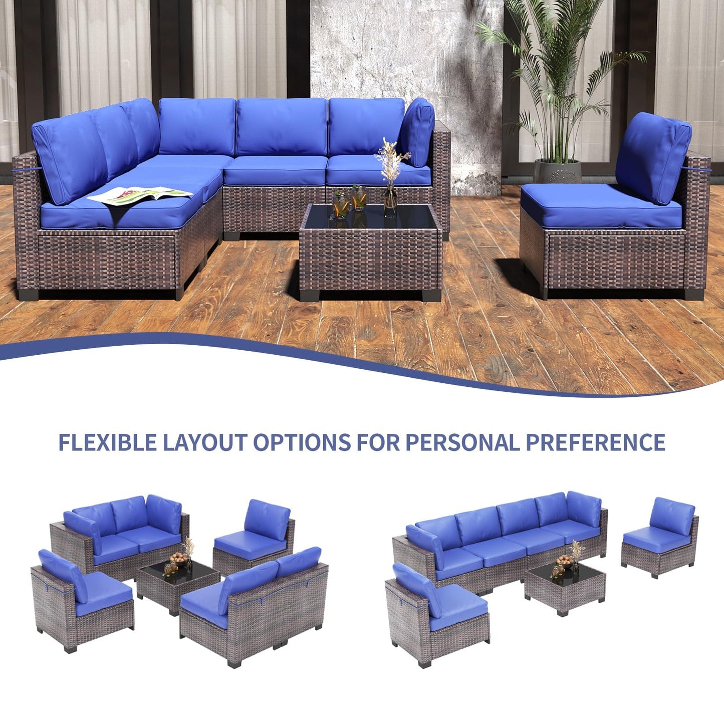 GAOMON 7 Pieces Outdoor Patio Furniture Sets, Rattan Conversation Set with Sectional Sofa, Chairs and Coffee Table, Waterproof Patio Conversation Sets (Brown & Navy Blue)