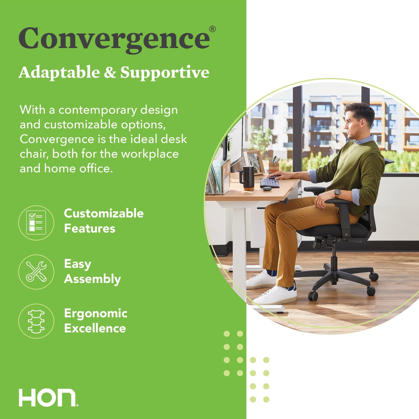 HON Convergence Ergonomic Office Chair with Mesh Back, Adjustable Arms, Lumbar Support, Synchro‑Tilt Desk Chair with Wheels for Home Office or Computer Use, Black Frame, Apricot