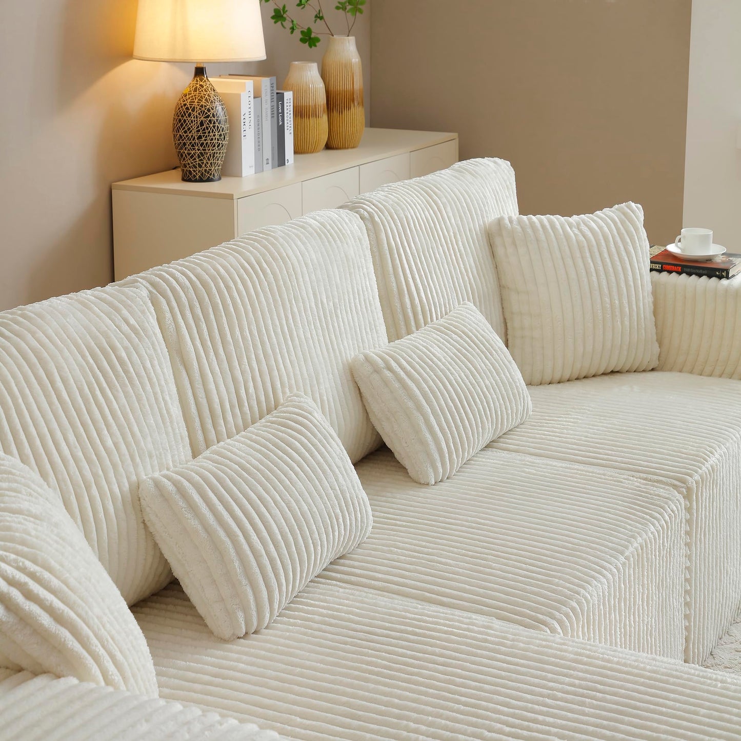 109" Modular L-Shaped Corner Cloud Sofa Corduroy Modular Couches with Deep Seat, 3 Pieces Compressed Boneless Sofa W/Right Chaise Lounge and 4 Pillows for Living Room