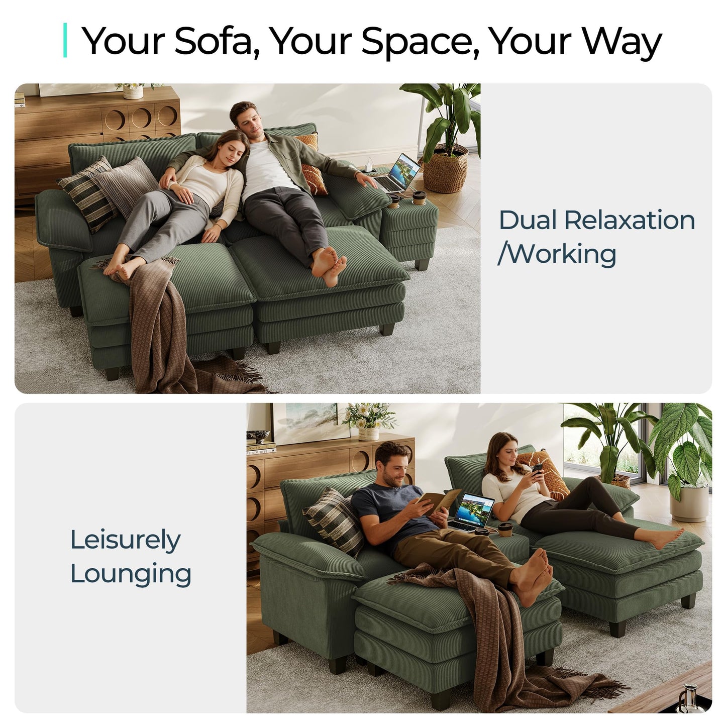 LINSY HOME Modular Sectional Sofa for Living Room, Corduroy Cloud Couch with Storage Console, USB Charging, Cup Holders, Comfy Modern Modular Cloud Couches with Movable Ottoman (Green)