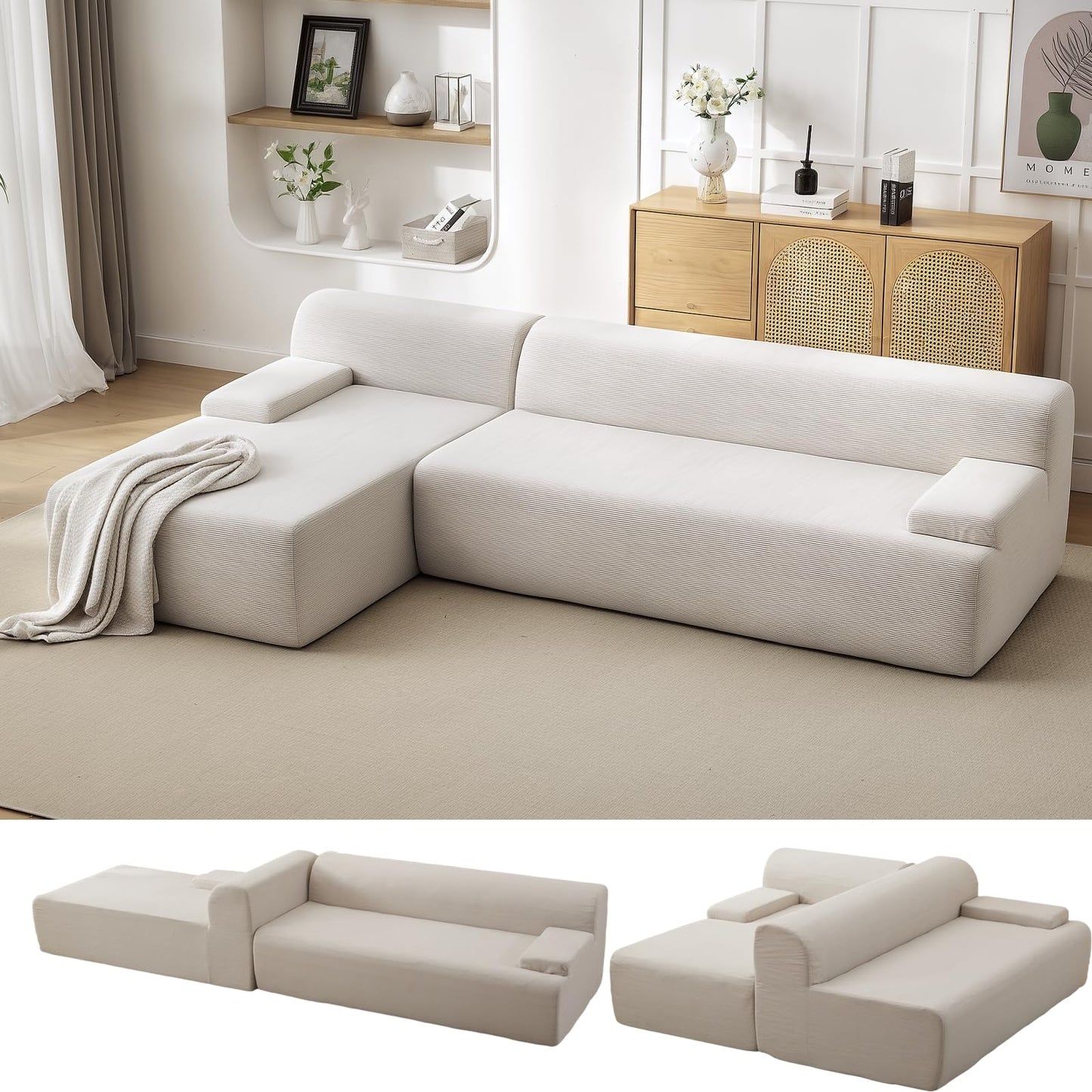 MilleLoom 108" Sectional Couches for Living Room, Modular Sectional Sofa with L-Shape Chaise,Ultra Soft Corduroy L Shaped Couch Bed,Perfect Comfy Couches for Living Room, No Assembly Required, Beige