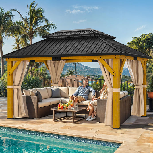 YITAHOME 11X13FT Wood Outdoor Gazebo Wooden Hardtop Gazebo Double Roof Hardtop Galvanized Steel Top Canopy w/Curtain and Netting, Patio Heavy Duty for Deck, Backyard, Golden